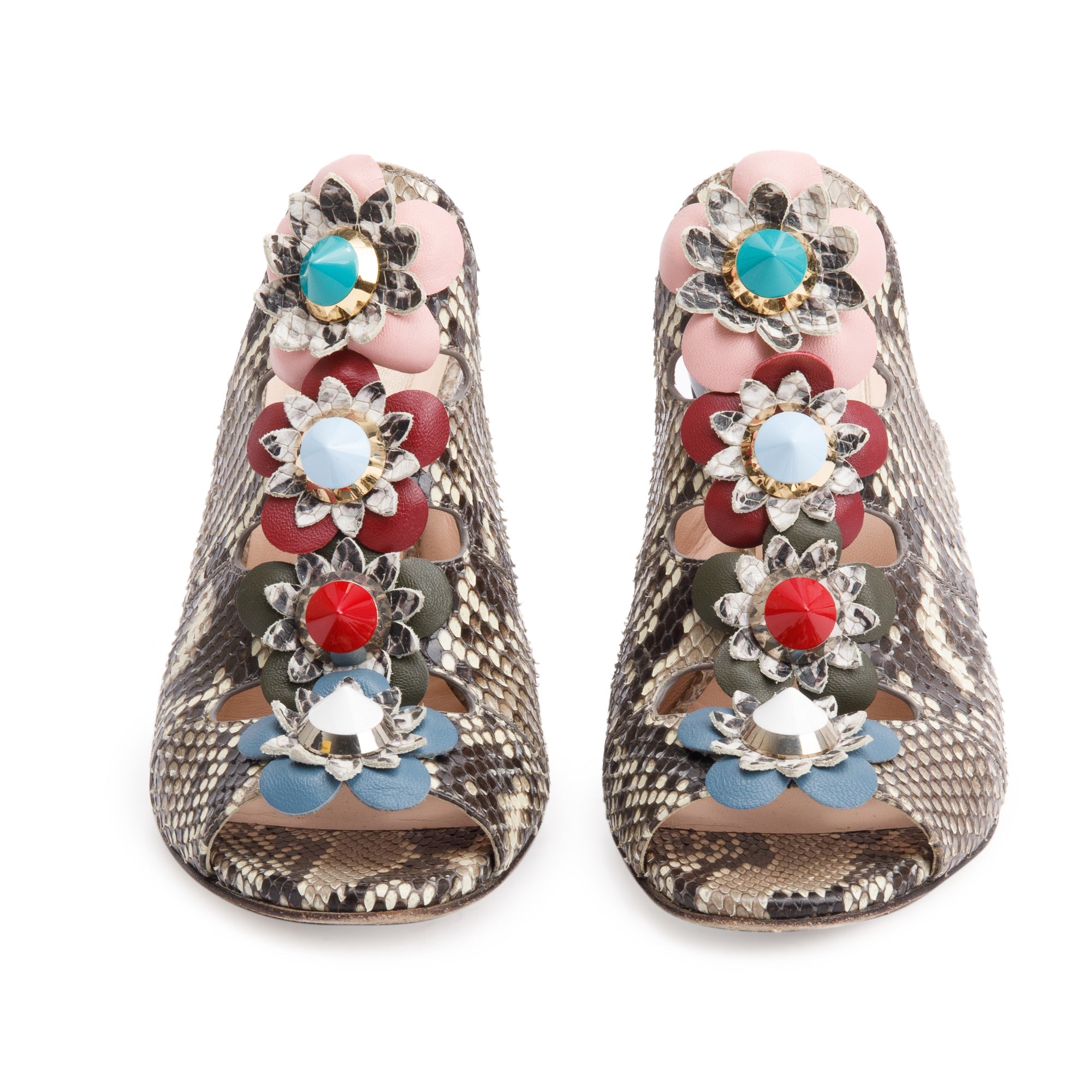 Fendi Grey Python Flowerland Embellished Heeled Slide Sandals, Size 35 w/ Box