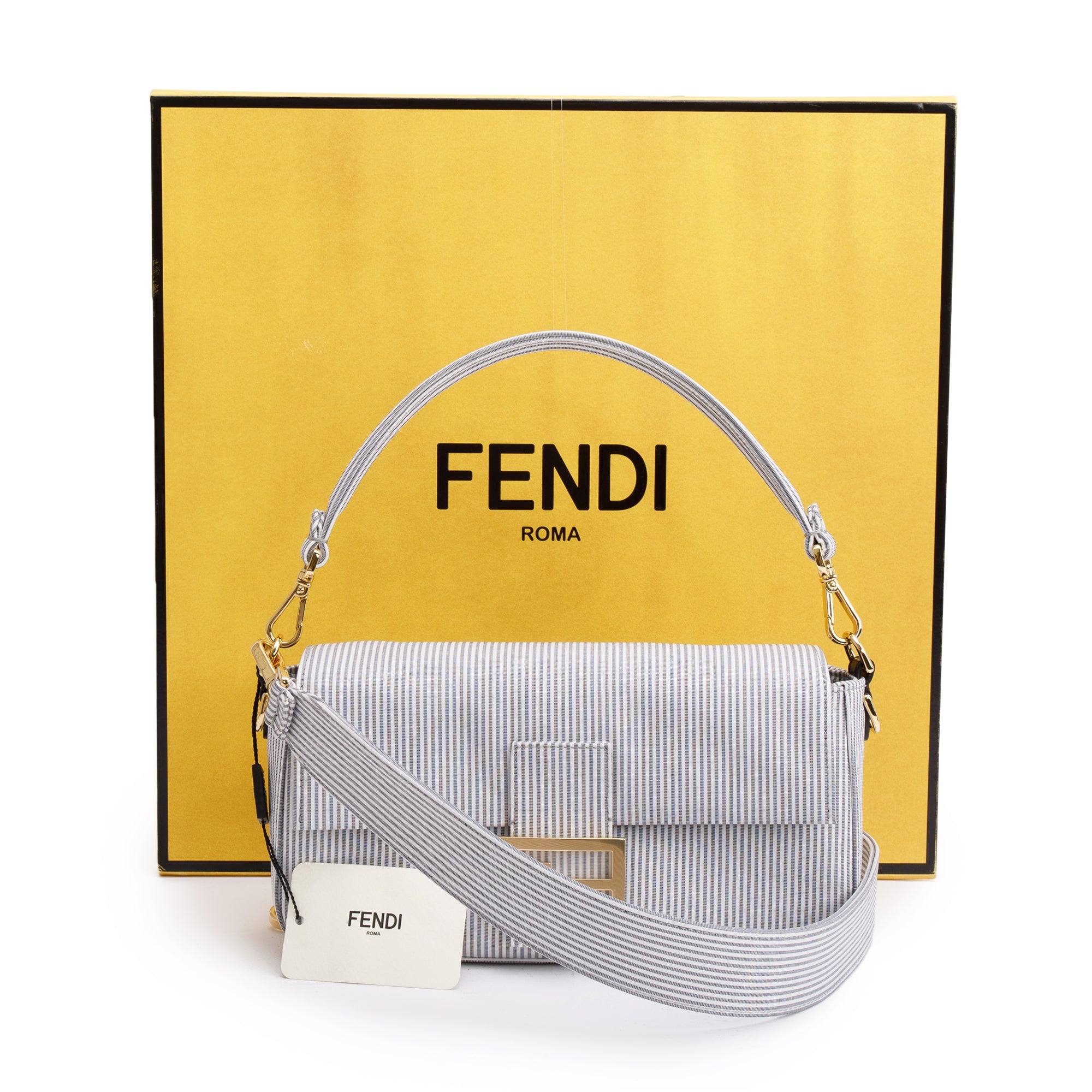 Fendi Grey/White Striped Cotton Cuoio Betagna Baguette Grigio Shoulder Bag w/ Box