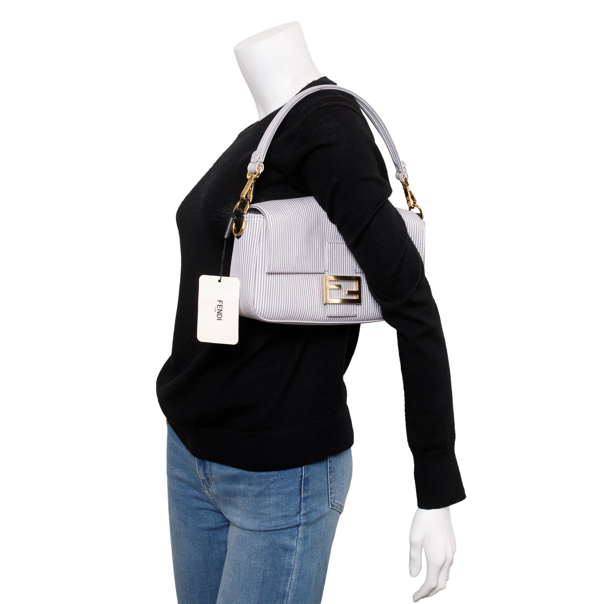 Fendi Grey/White Striped Cotton Cuoio Betagna Baguette Grigio Shoulder Bag w/ Box