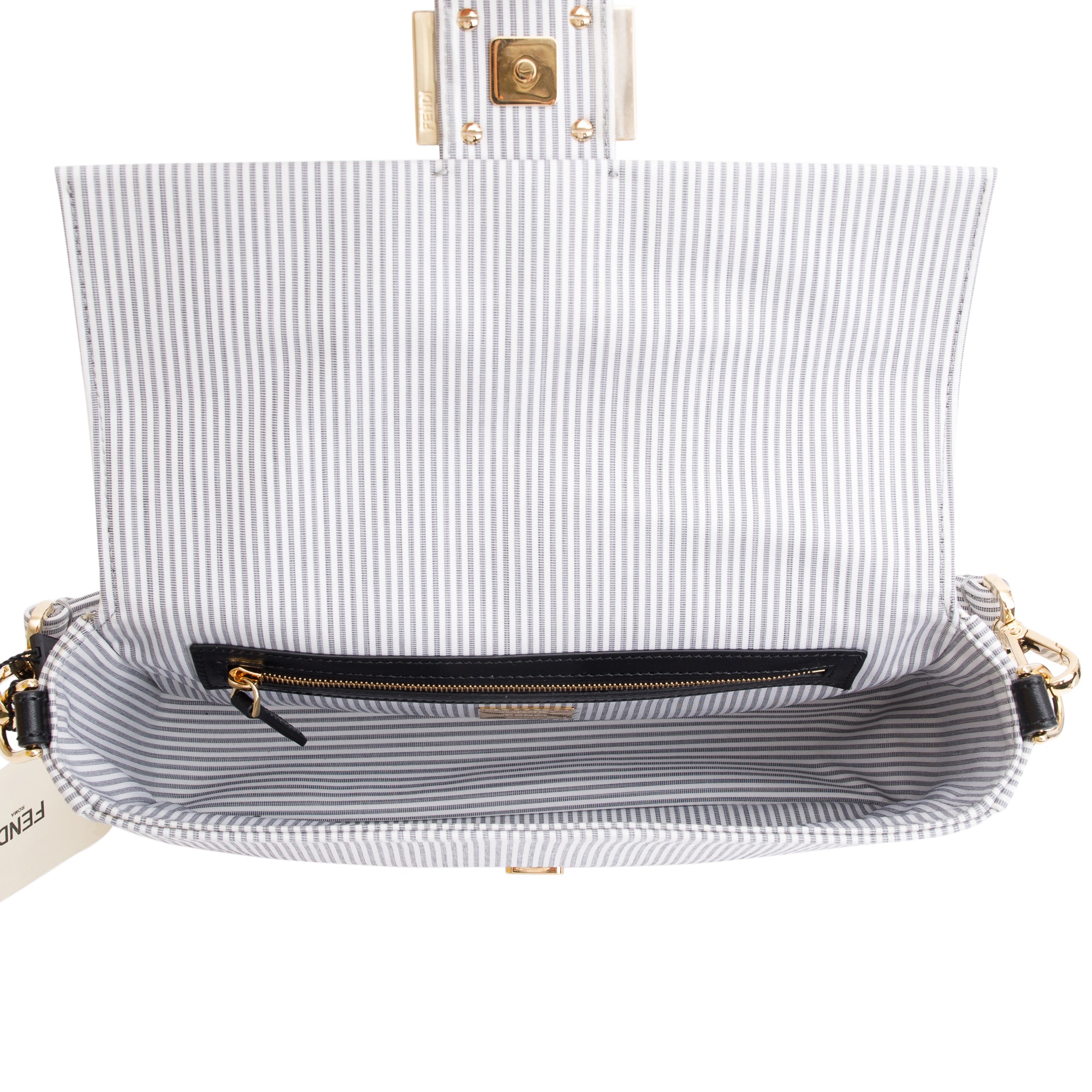 Fendi Grey/White Striped Cotton Cuoio Betagna Baguette Grigio Shoulder Bag w/ Box