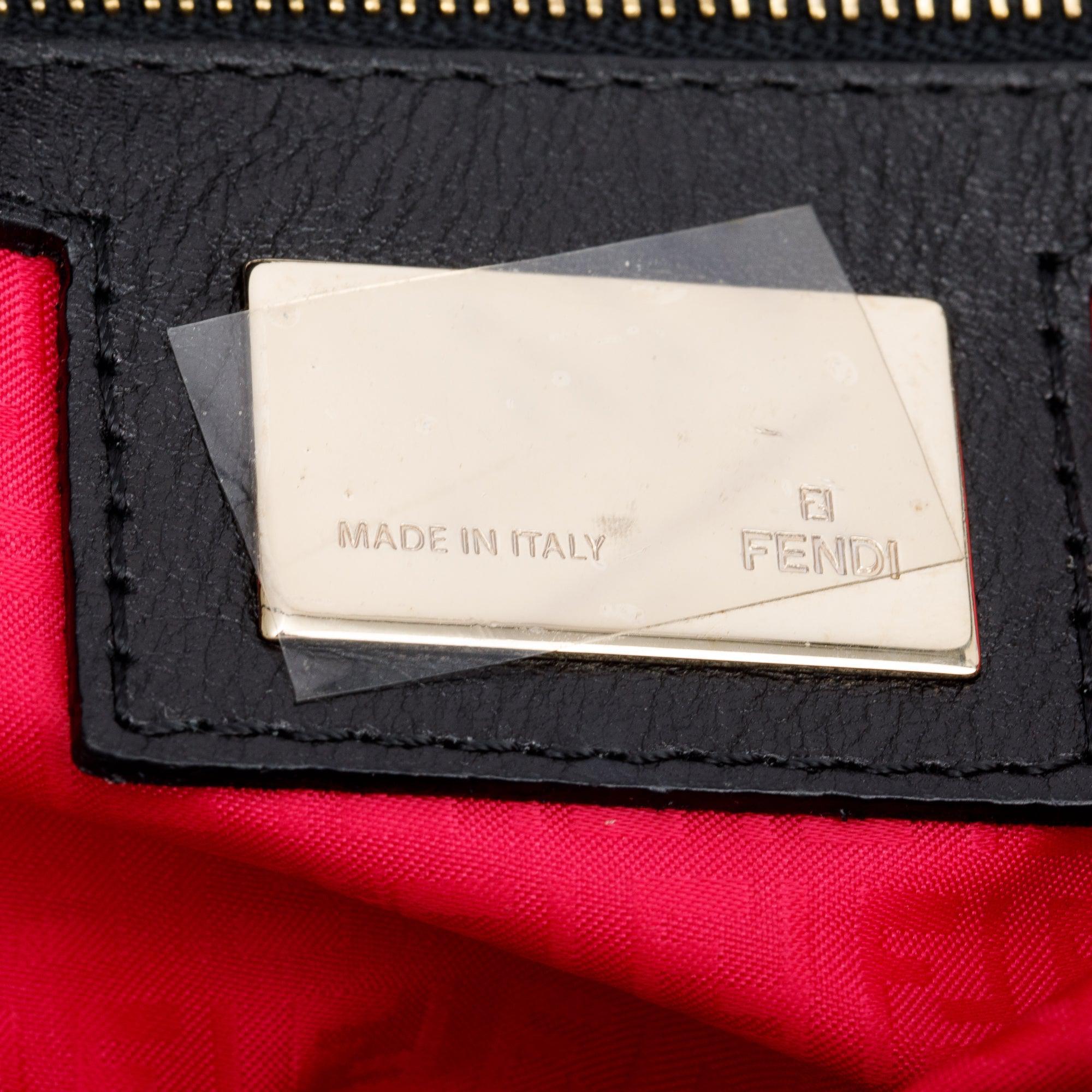 Fendi Multicolor Embroidered FF Zucca Satin Black Leather Trim Baguette Bag w/ Strap