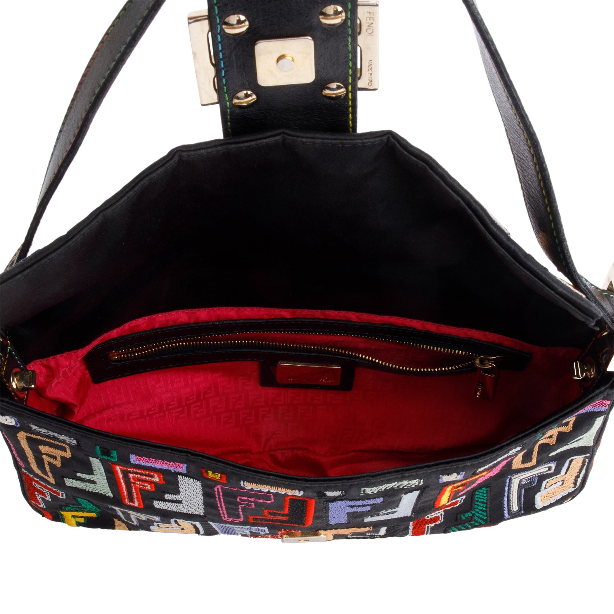 Fendi Multicolor Embroidered FF Zucca Satin Black Leather Trim Baguette Bag w/ Strap