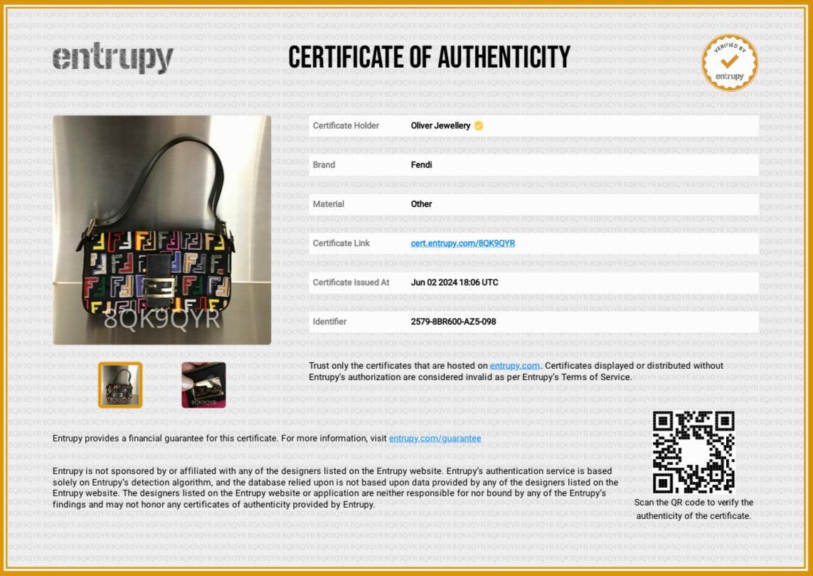 Fendi Multicolor Embroidered FF Zucca Satin Black Leather Trim Baguette Bag w/ Strap