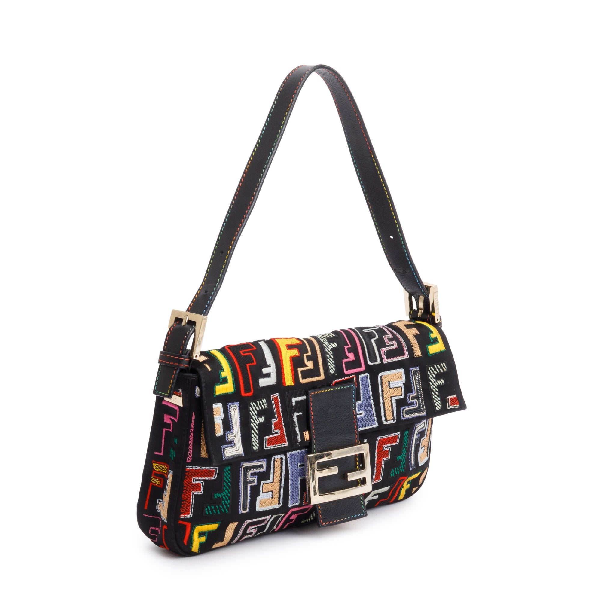 Fendi Multicolor Embroidered FF Zucca Satin Black Leather Trim Baguette Bag w/ Strap