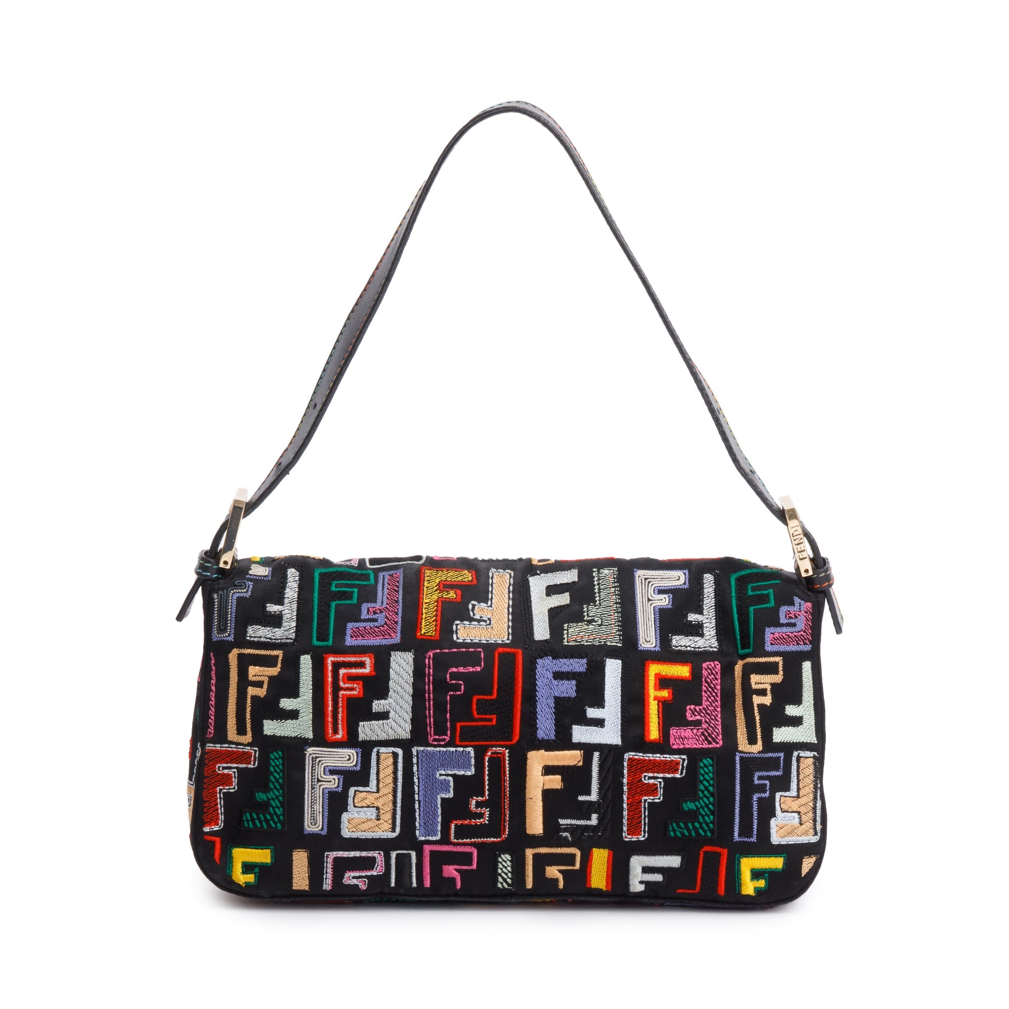 Fendi Multicolor Embroidered FF Zucca Satin Black Leather Trim Baguette Bag w/ Strap