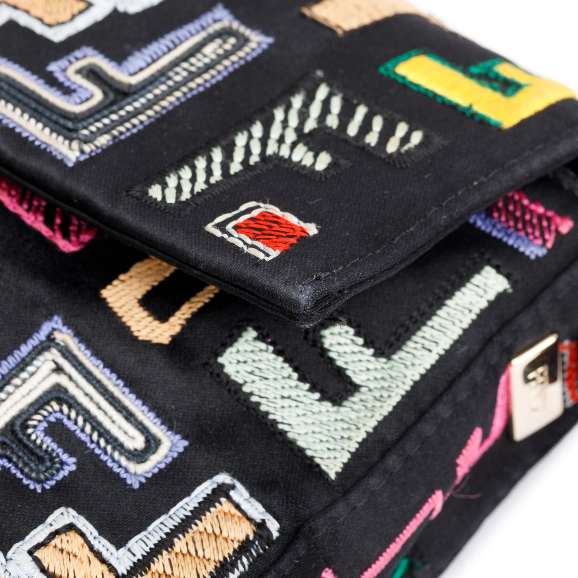Fendi Multicolor Embroidered FF Zucca Satin Black Leather Trim Baguette Bag w/ Strap