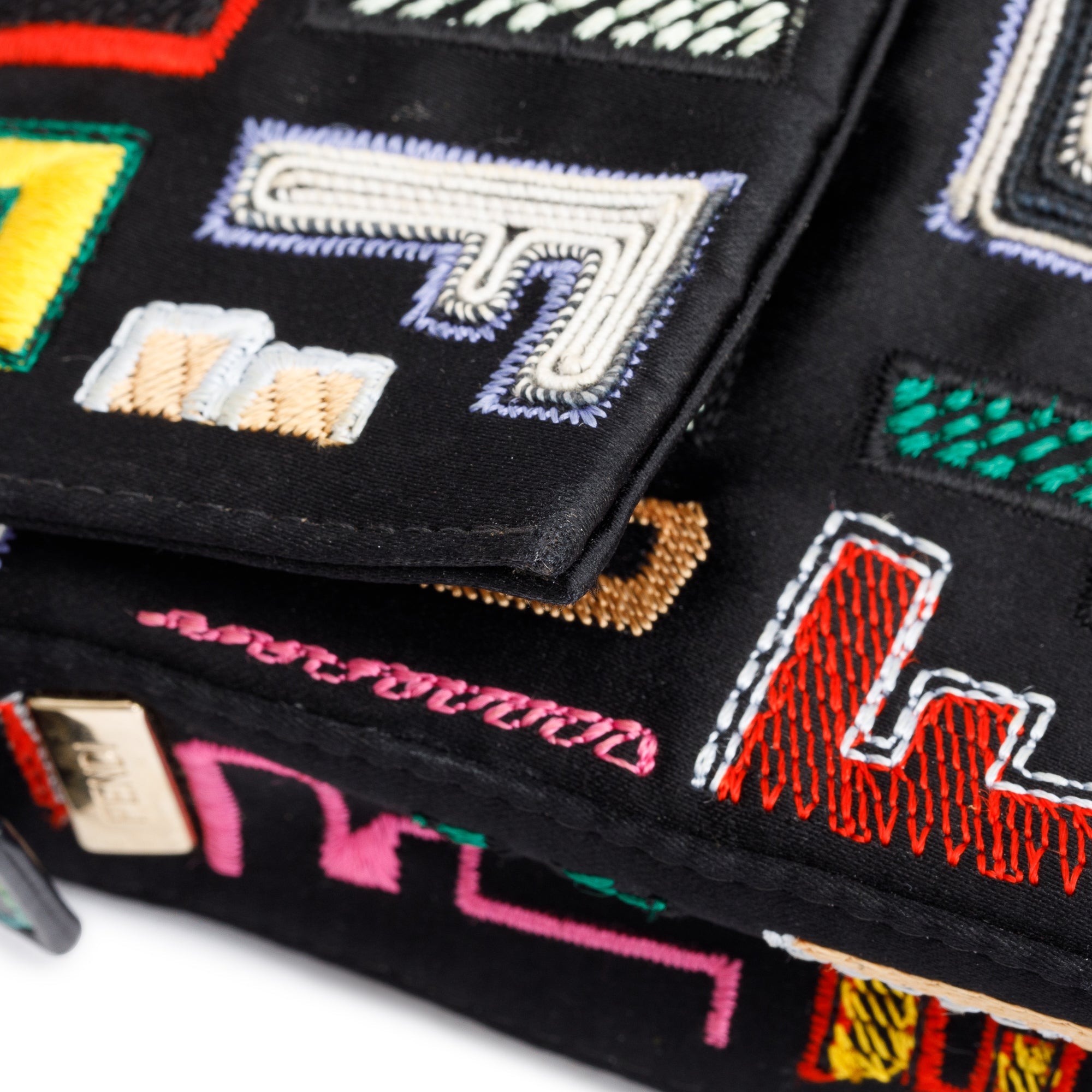 Fendi Multicolor Embroidered FF Zucca Satin Black Leather Trim Baguette Bag w/ Strap