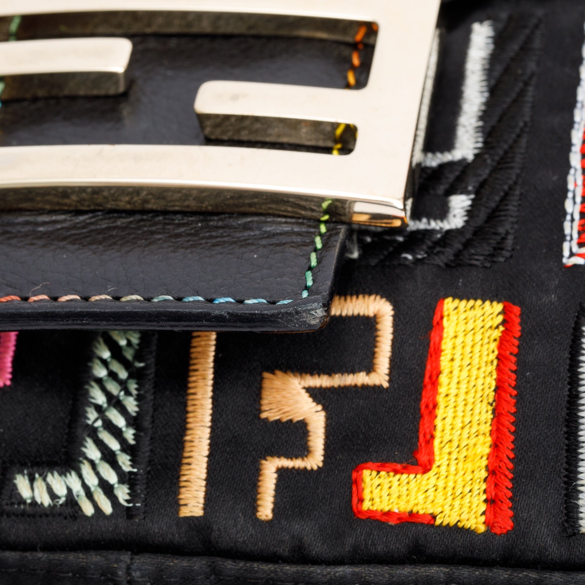 Fendi Multicolor Embroidered FF Zucca Satin Black Leather Trim Baguette Bag w/ Strap