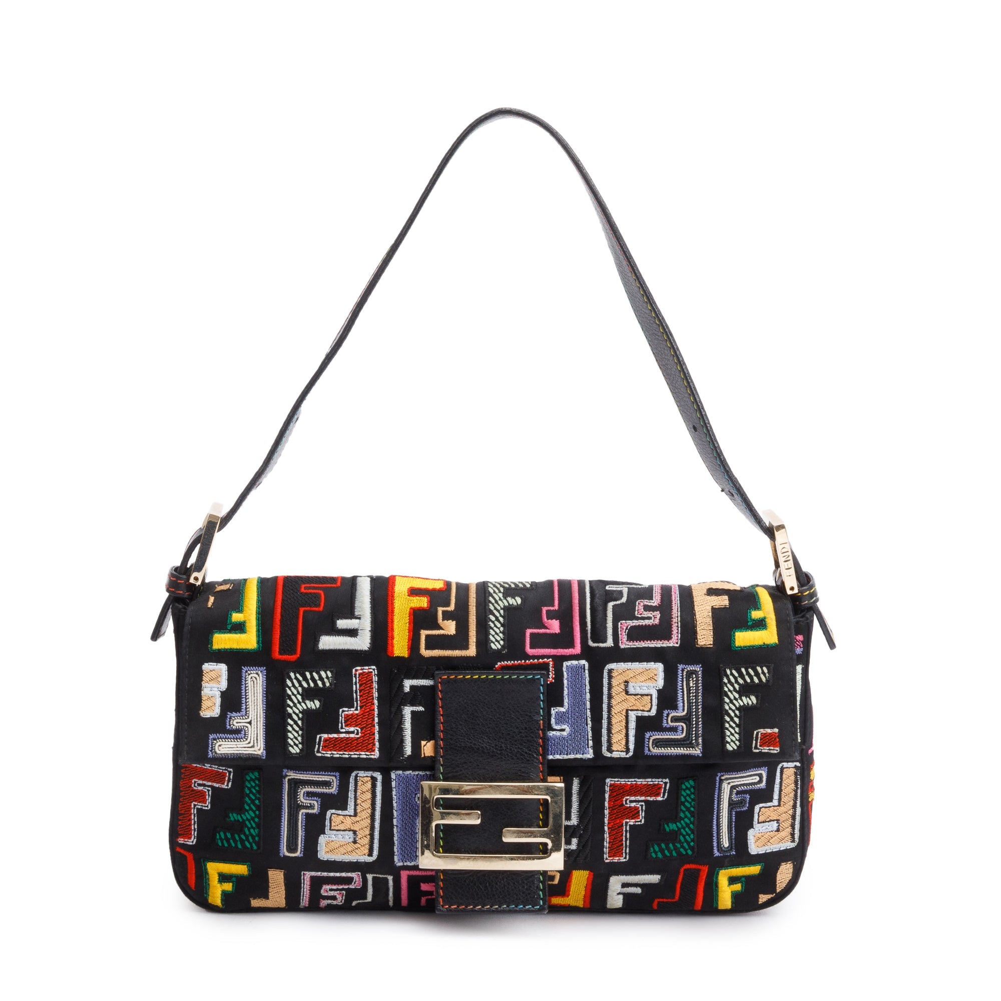 Fendi Multicolor Embroidered FF Zucca Satin Black Leather Trim Baguette Bag w/ Strap