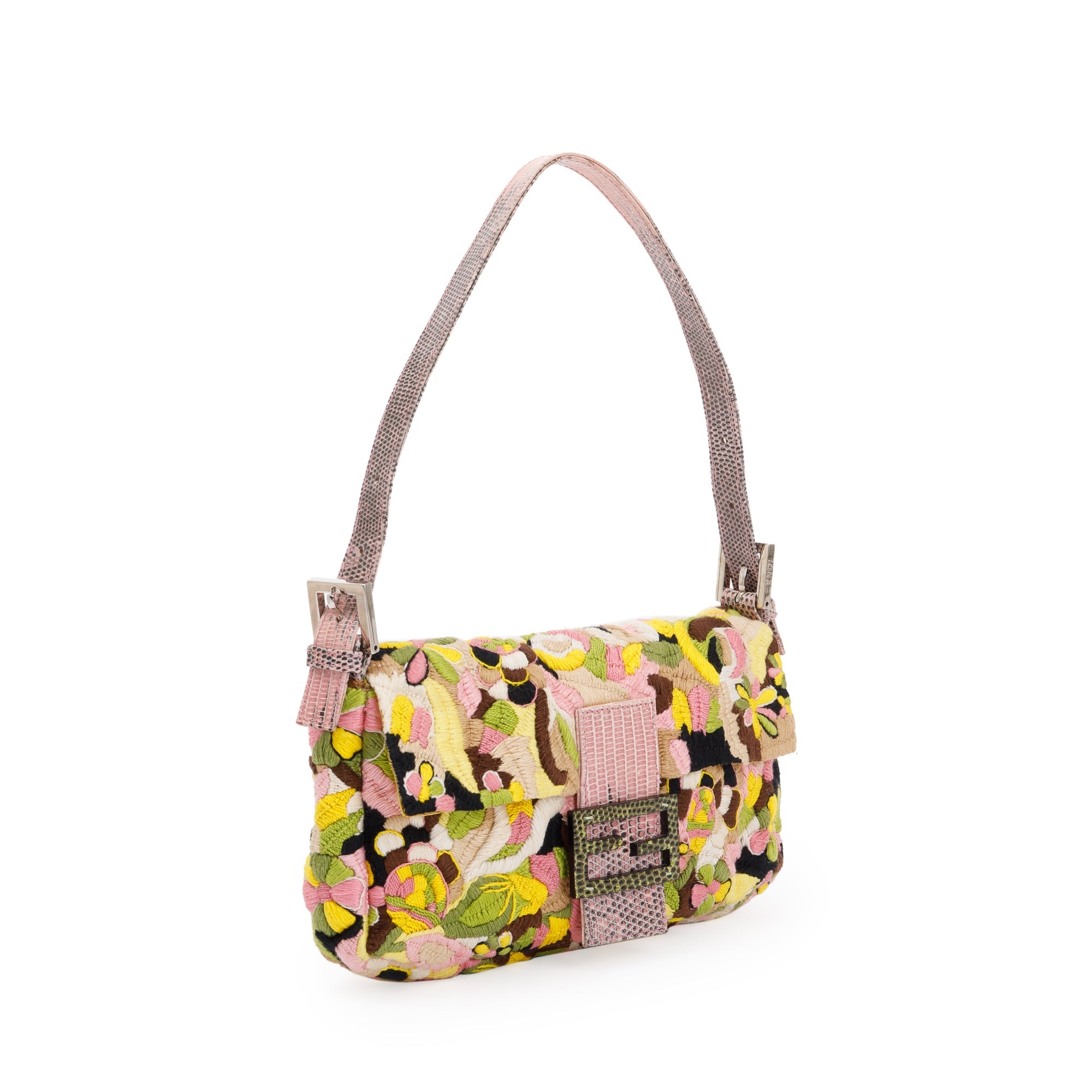 Fendi Multicolour Lizard Embroiderd Flower Baguette Shoulder Bag