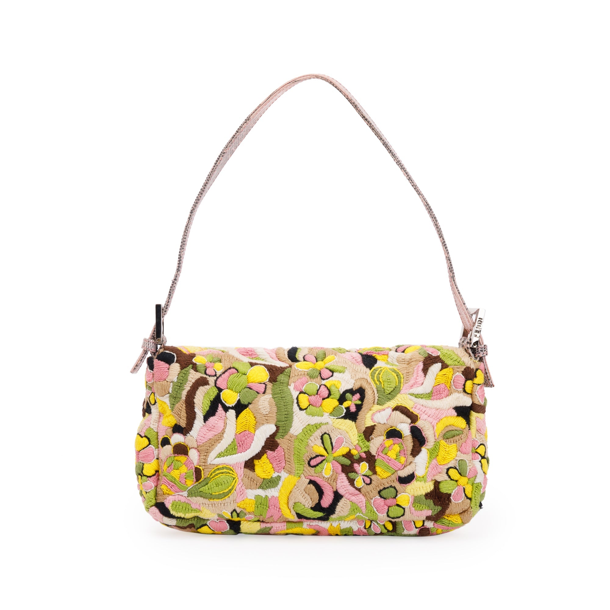 Fendi Multicolour Lizard Embroiderd Flower Baguette Shoulder Bag