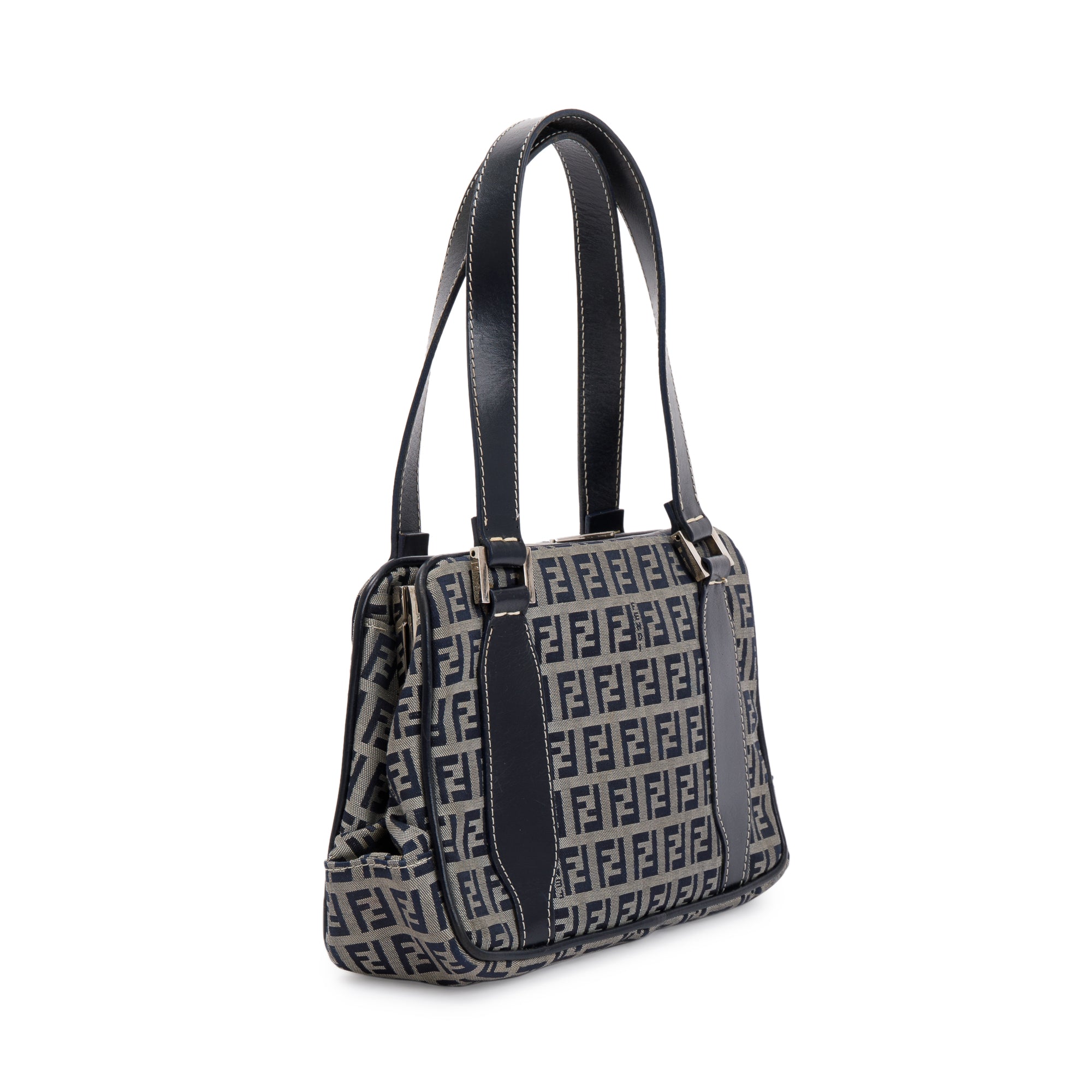 Fendi Navy FF Zucchino Canvas Leather Trimmed Mini Tote