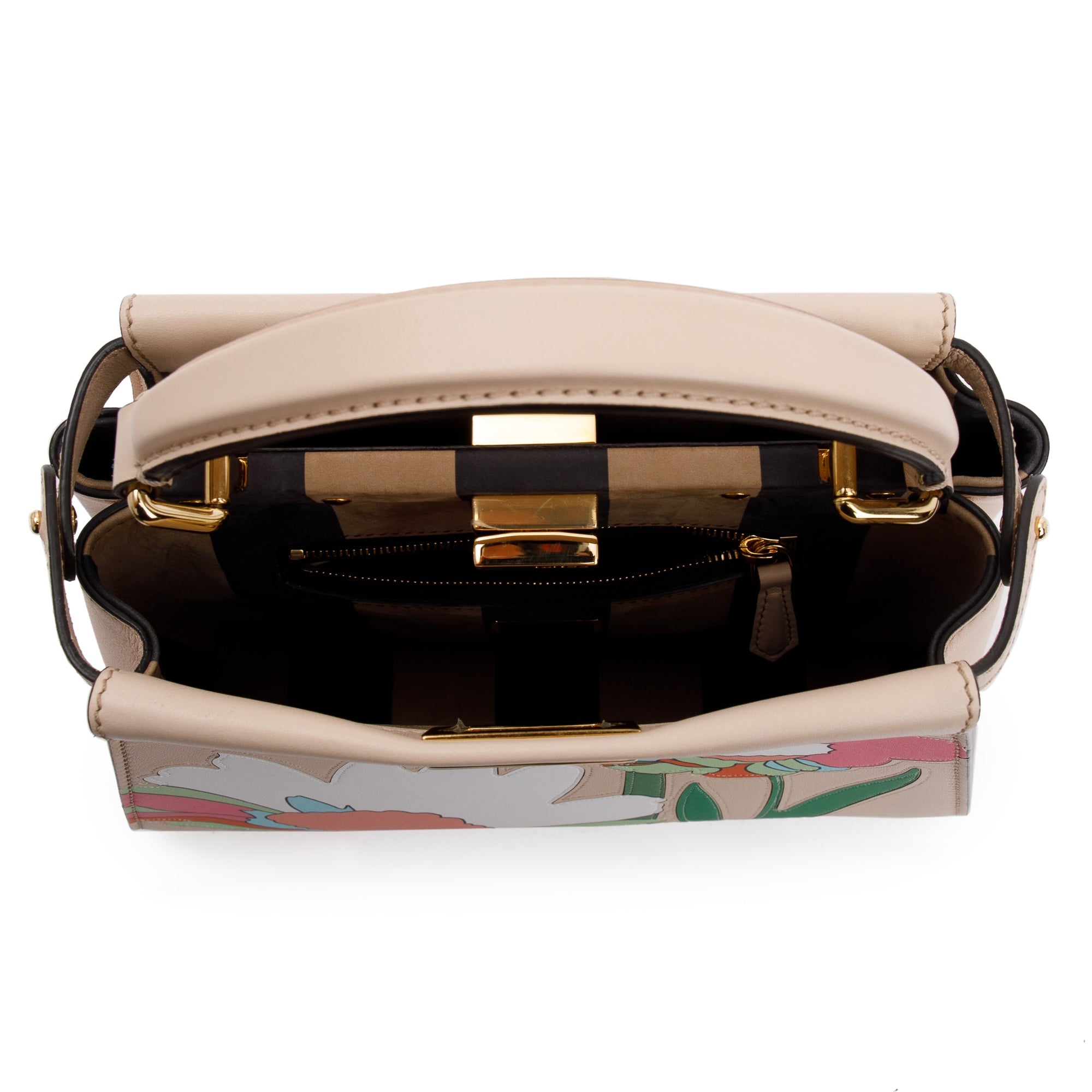 Fendi Neutral Calfskin Leather Floral Inlay Mini Peekaboo Bag w/ Strap