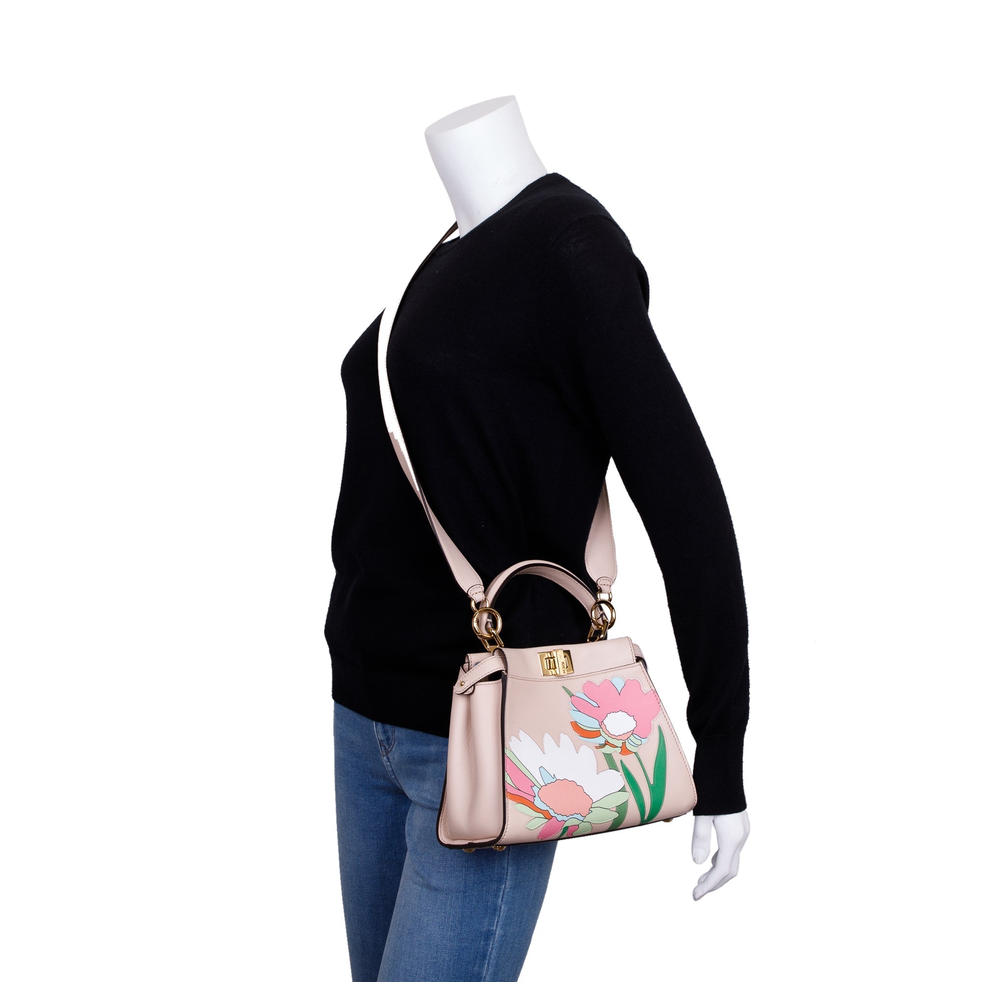 Fendi Neutral Calfskin Leather Floral Inlay Mini Peekaboo Bag w/ Strap