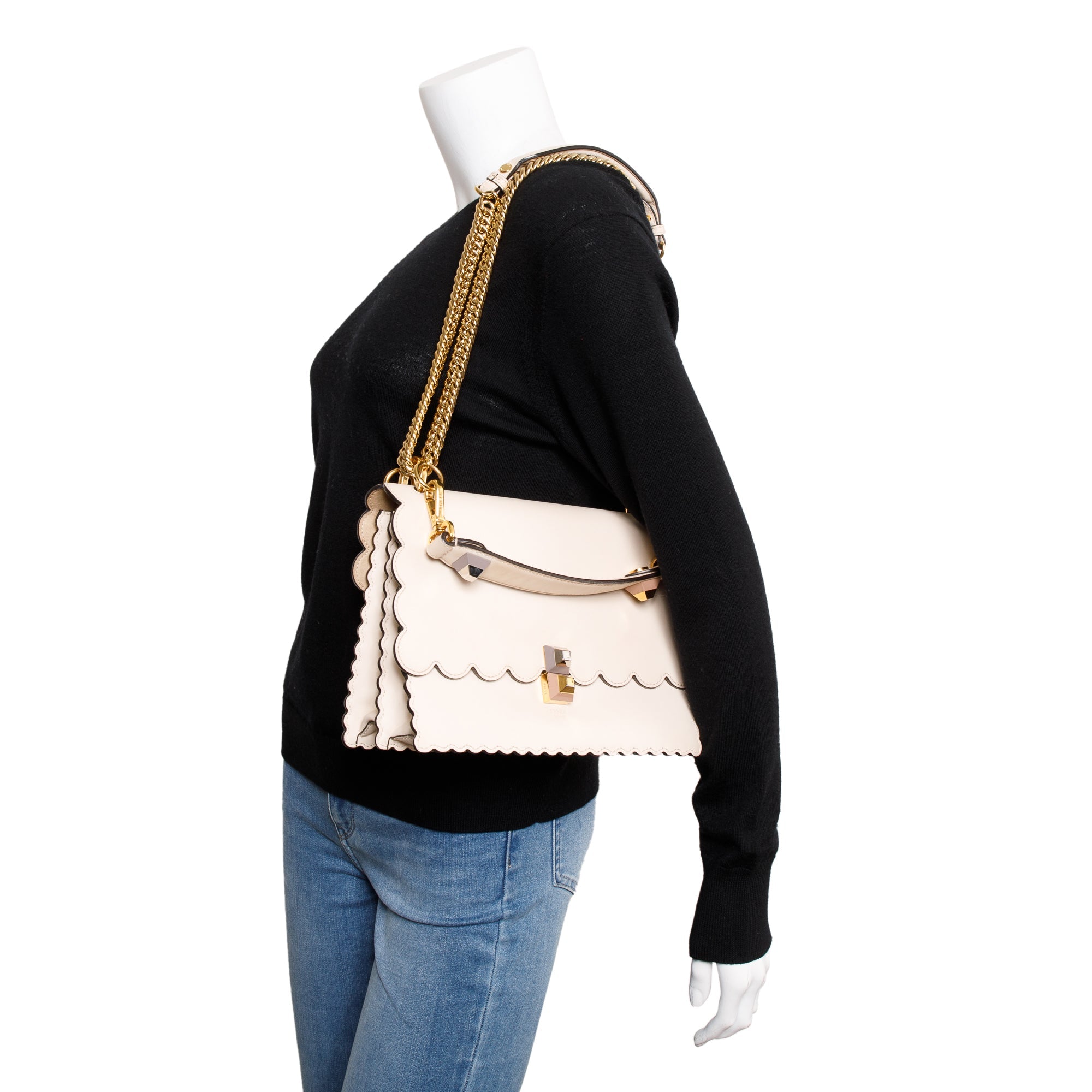 Fendi Neutral Calfskin Leather Scalloped Studded Kan I Shoulder Bag