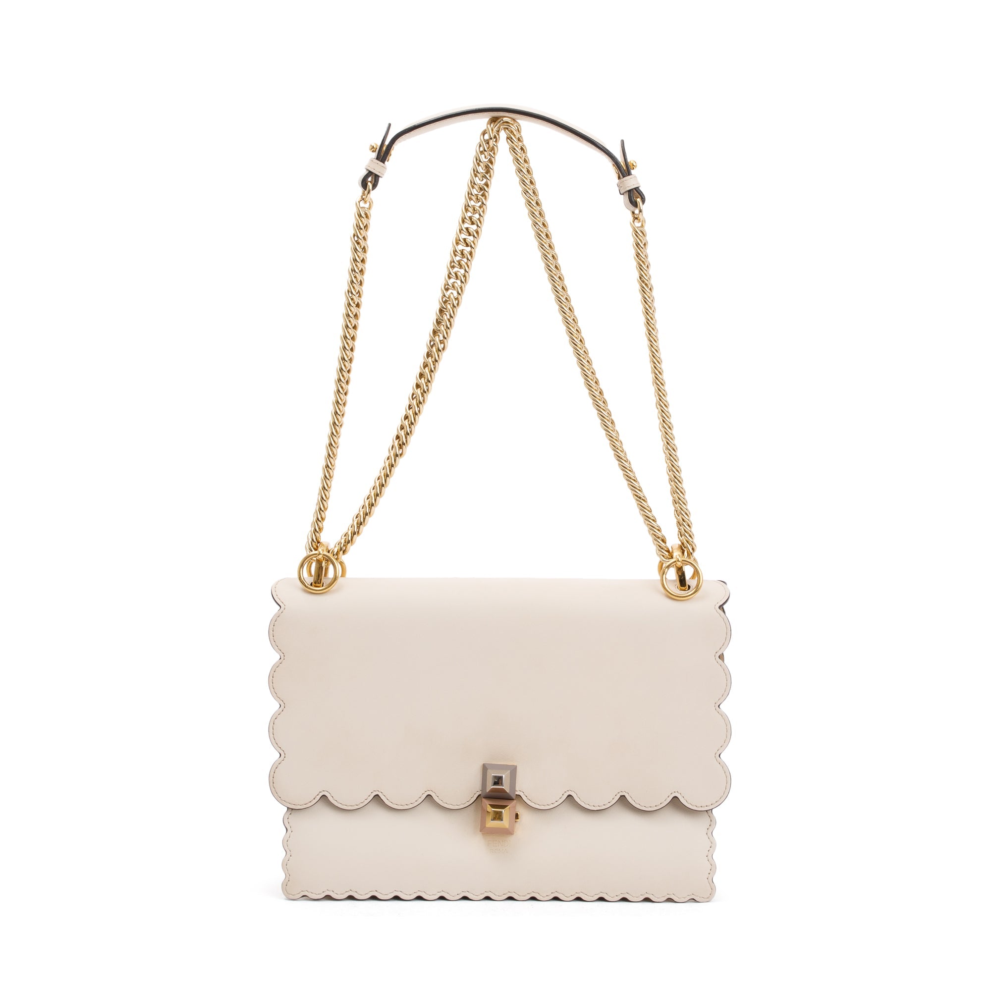 Fendi Neutral Calfskin Leather Scalloped Studded Kan I Shoulder Bag