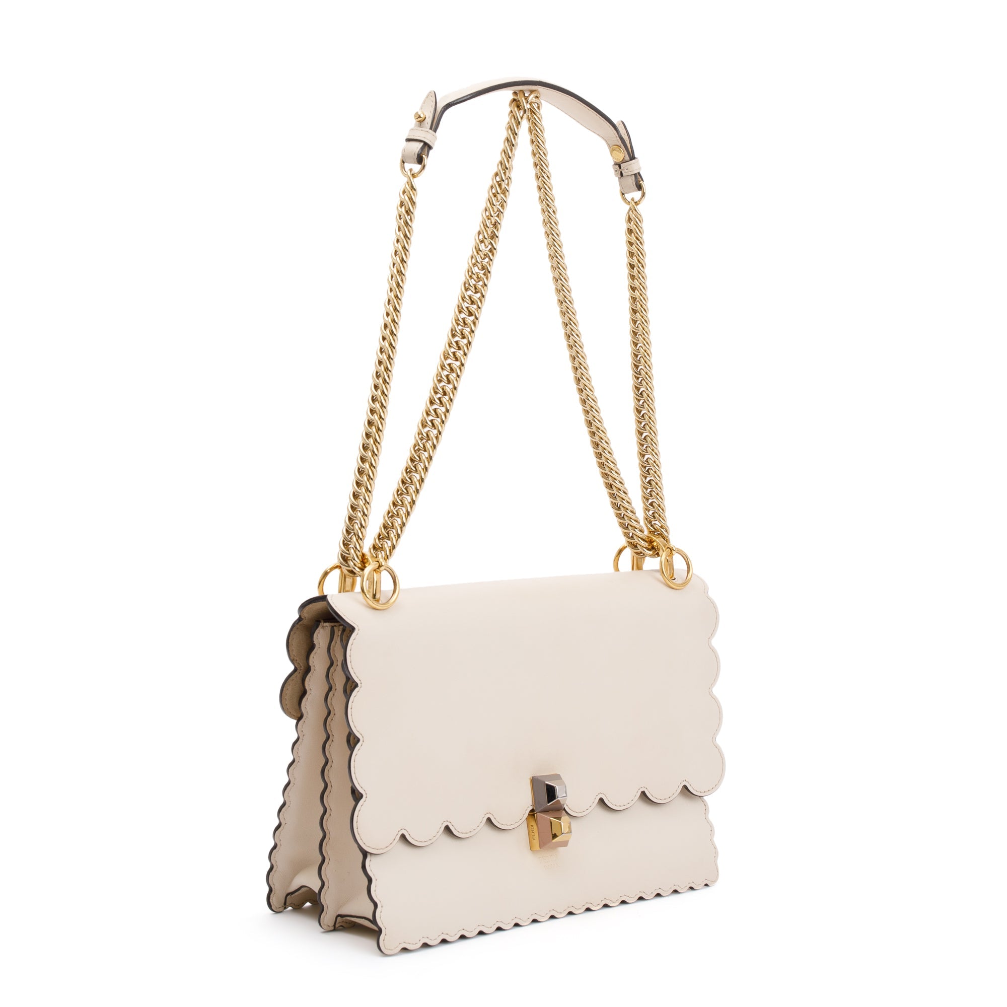 Fendi Neutral Calfskin Leather Scalloped Studded Kan I Shoulder Bag