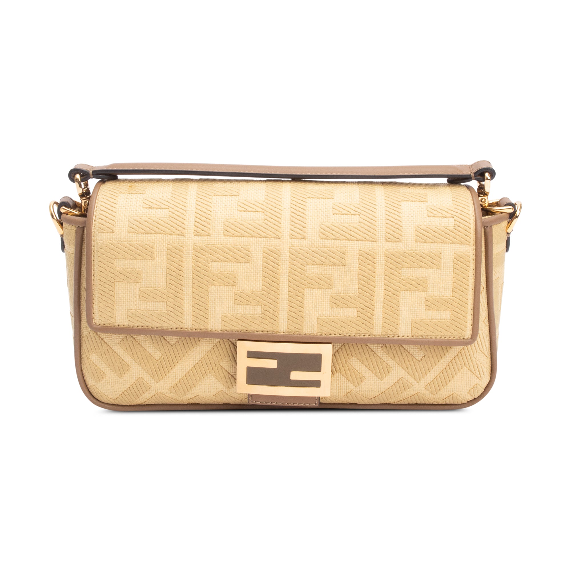 Fendi Neutral FF Raffia Baguette Shoulder Bag w/ Strap
