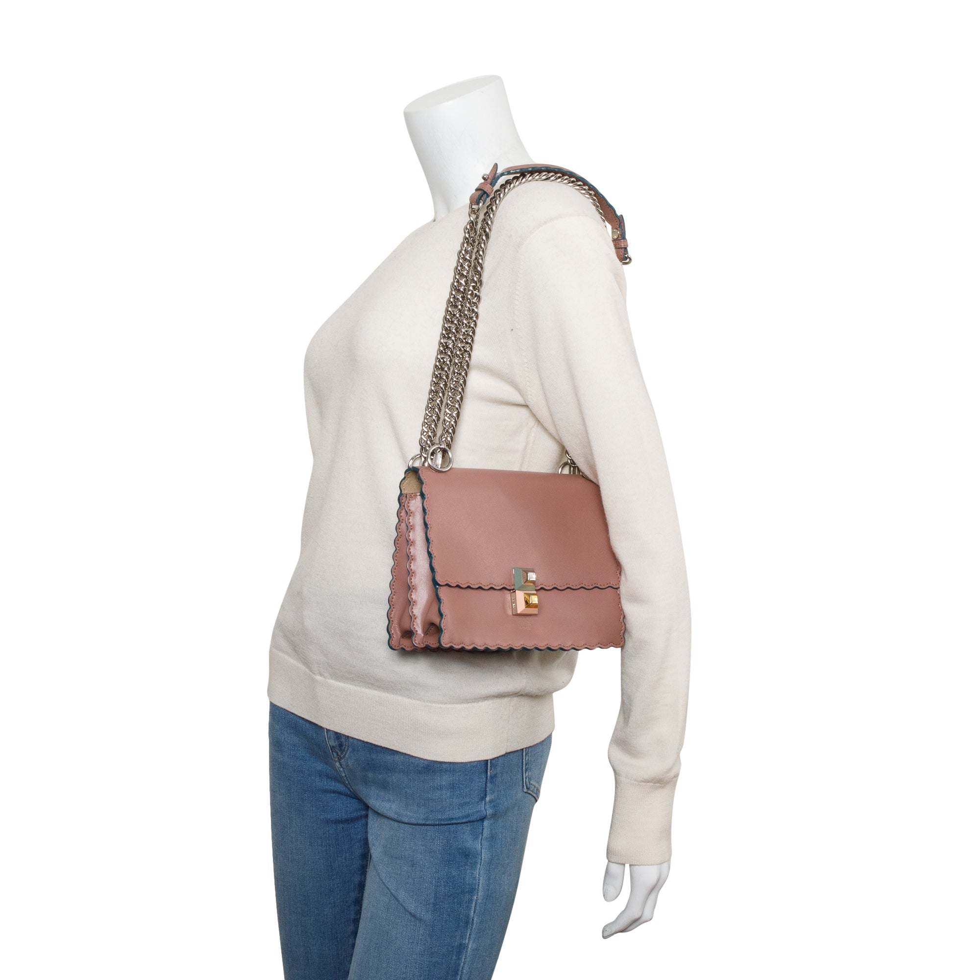 Fendi Pink Calfskin Leather Small Kan I Scallop Shoulder Bag