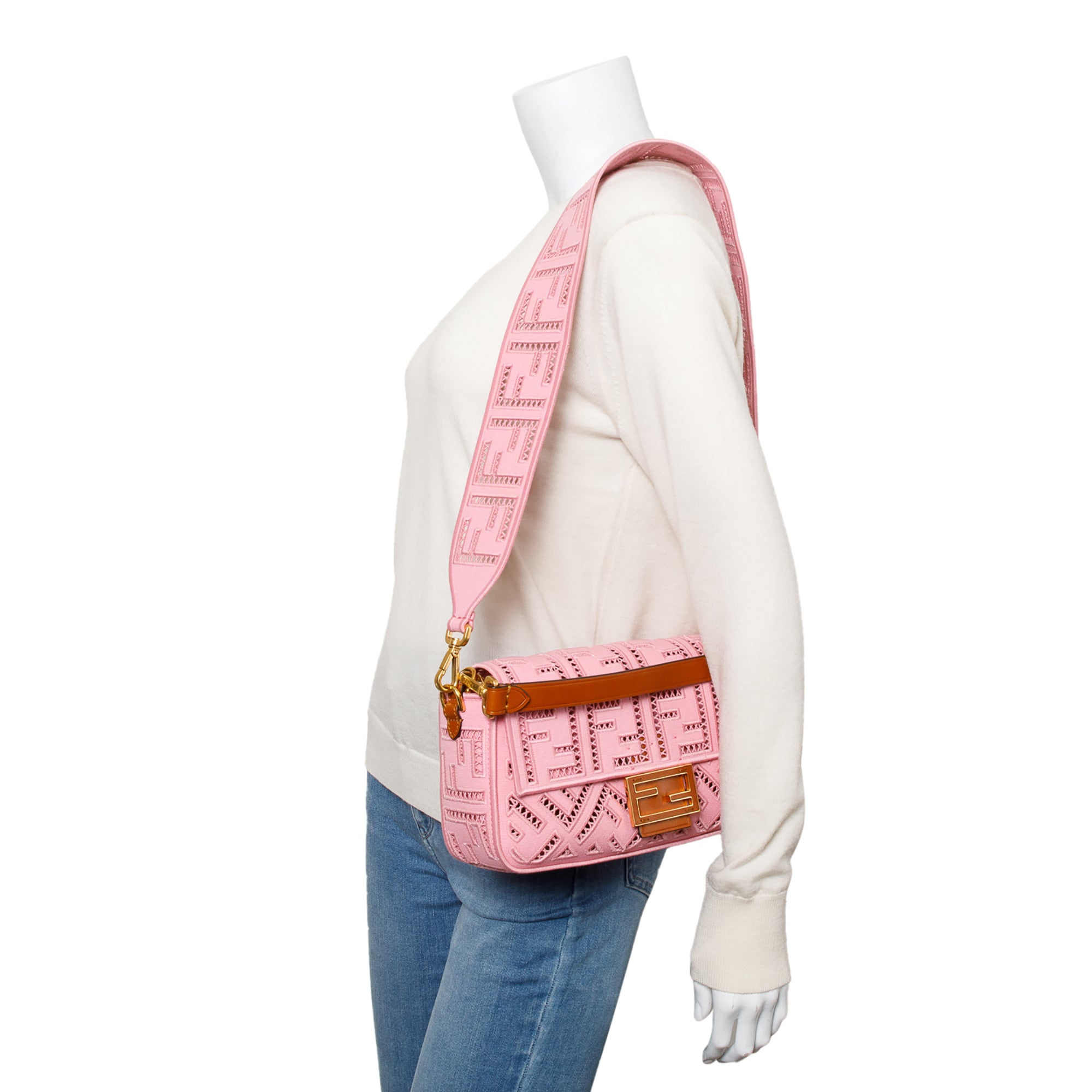 Fendi Pink FF Openwork Embroidered Canvas Medium Baguette Shoulder Bag w/ Straps & Box
