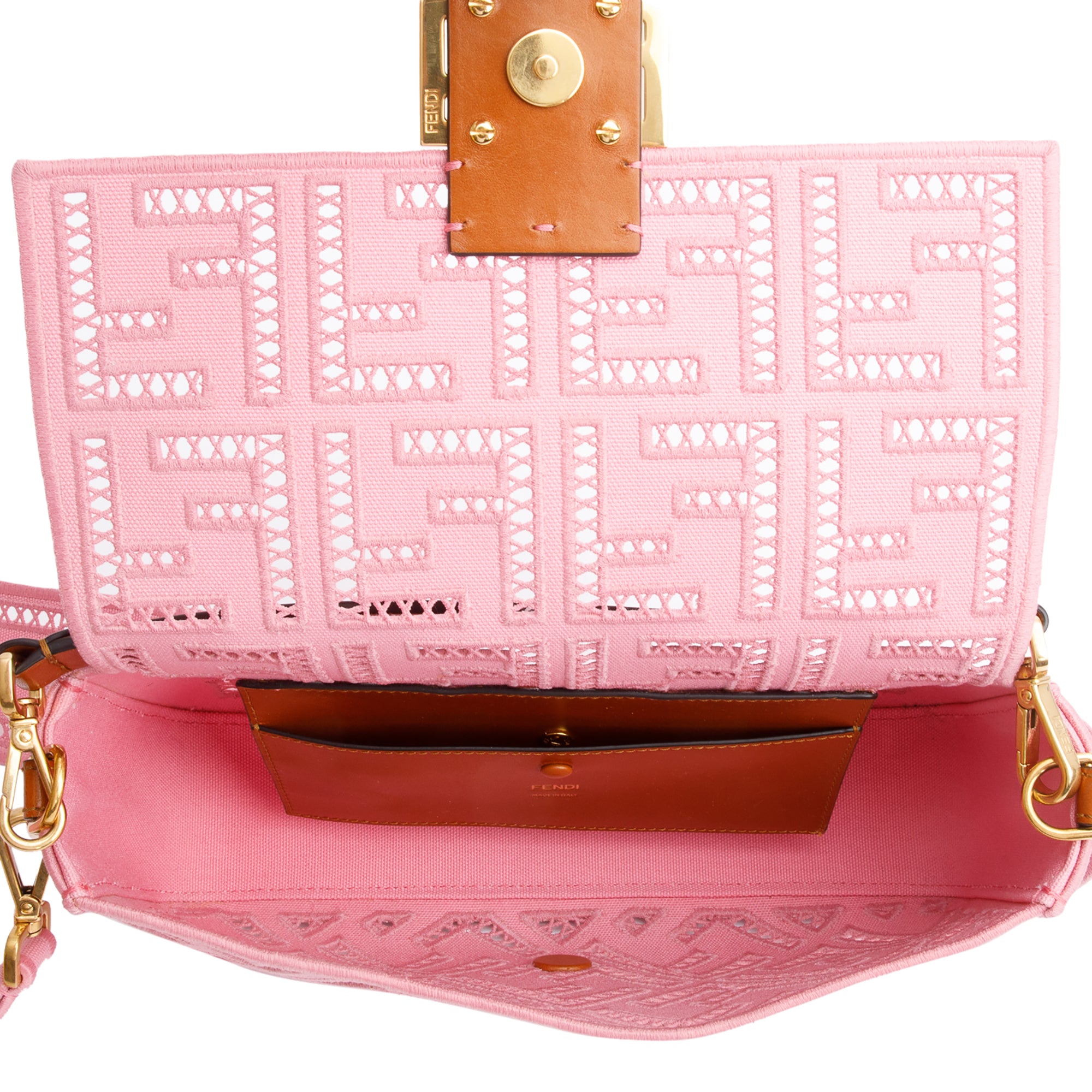 Fendi Pink FF Openwork Embroidered Canvas Medium Baguette Shoulder Bag w/ Straps & Box