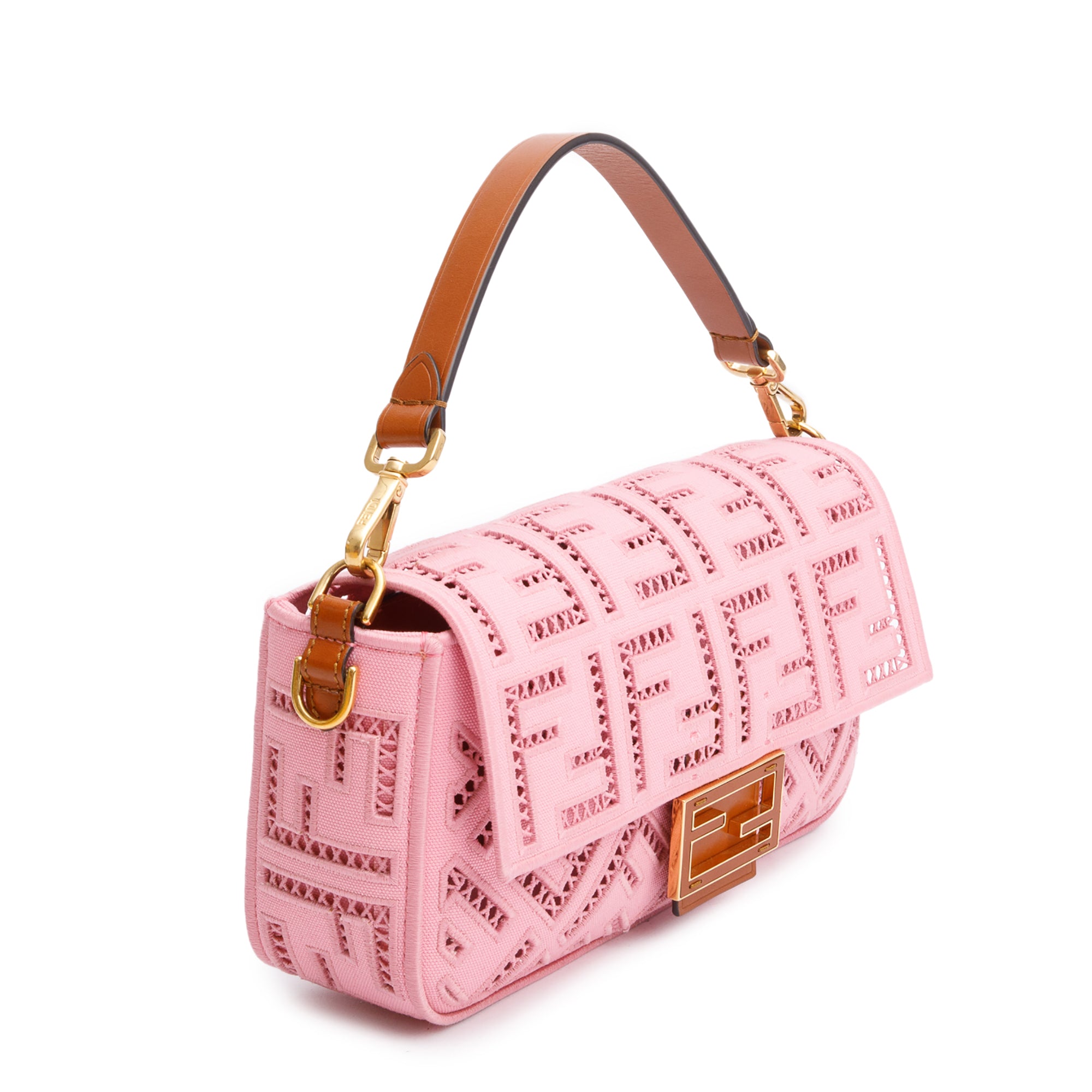 Fendi Pink FF Openwork Embroidered Canvas Medium Baguette Shoulder Bag w/ Straps & Box