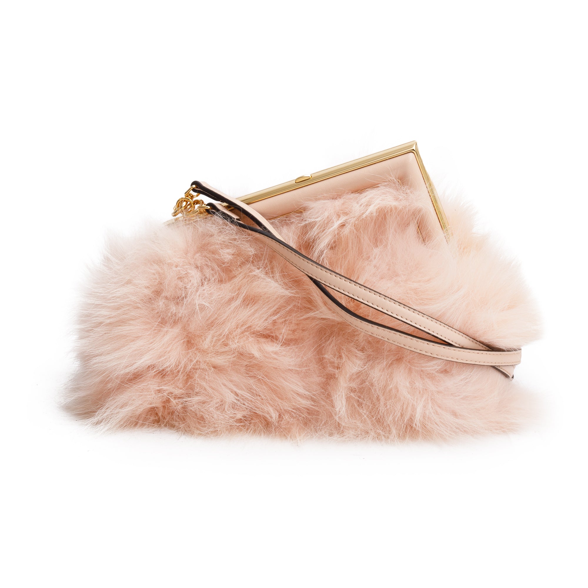Fendi Pink Nappa Leather Fox Fur Small Fendi First Bag w/ Strap & Box