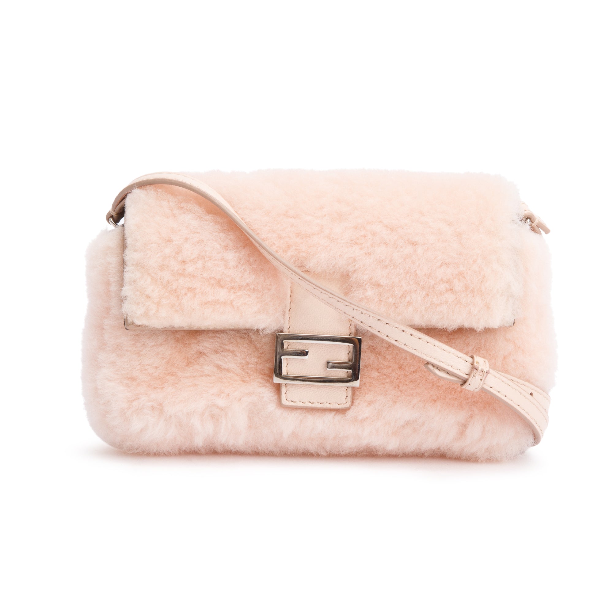 Fendi Pink Shearling Micro Baguette Crossbody Bag