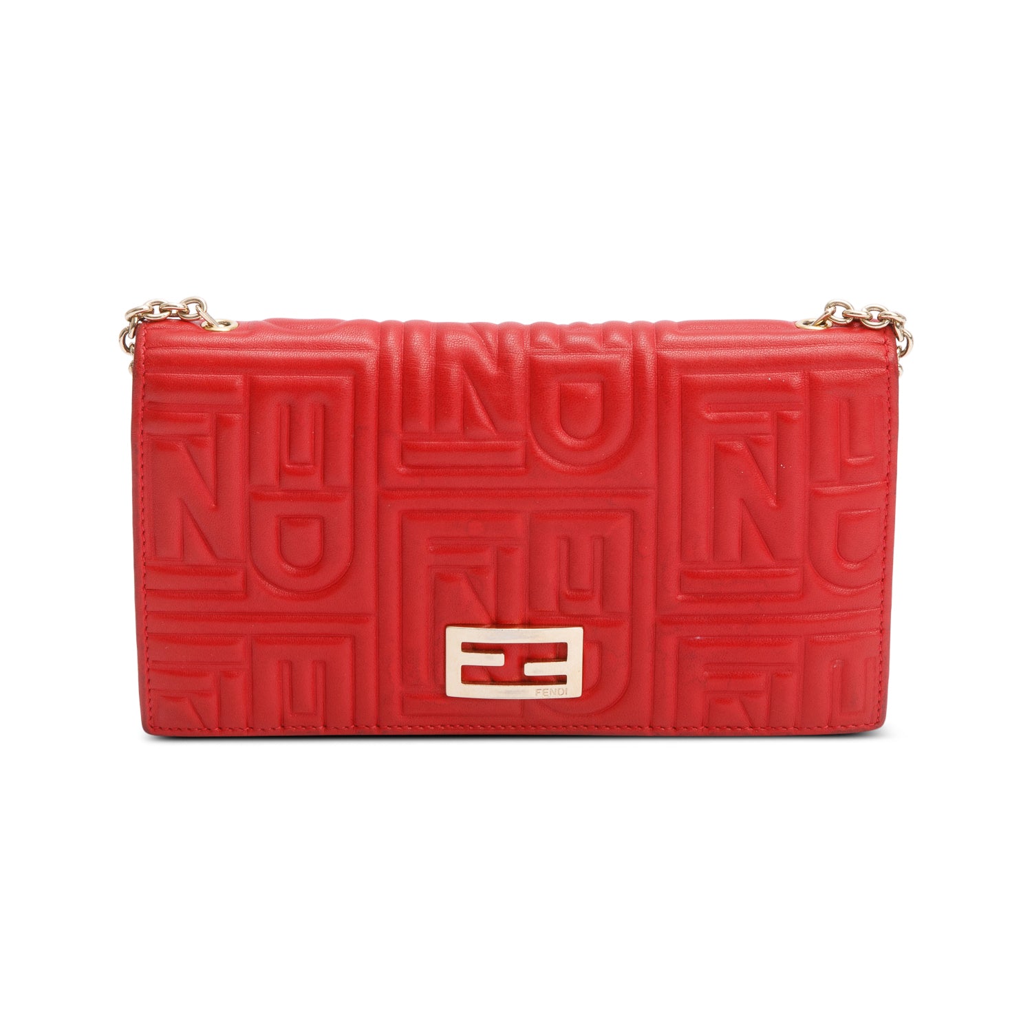Fendi Red Logo Embossed Nappa Leather Chain Clutch Bag w/ Box