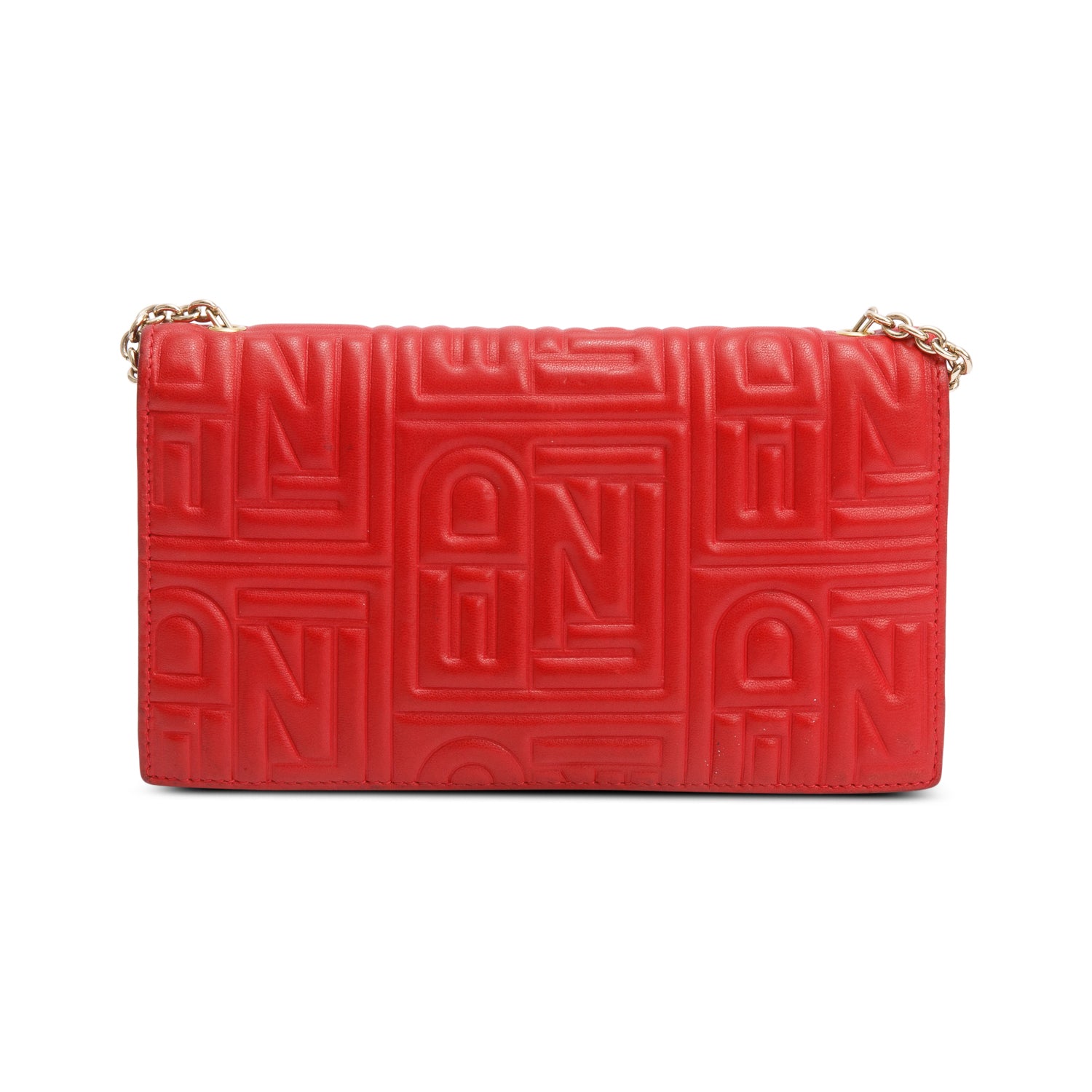 Fendi Red Logo Embossed Nappa Leather Chain Clutch Bag w/ Box