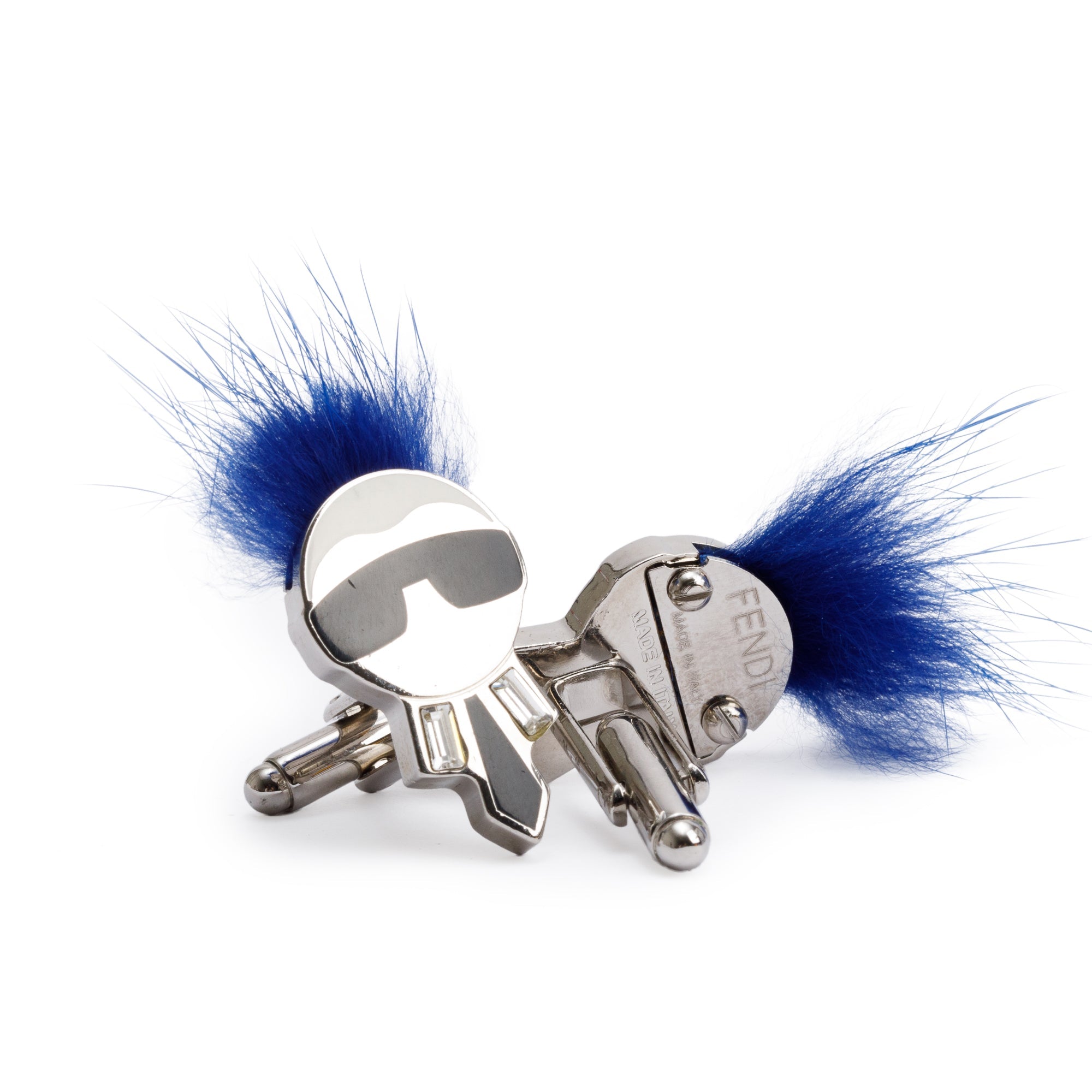 Fendi Silver Metal Blue Fox Fur Karlito Cufflinks w/ Box