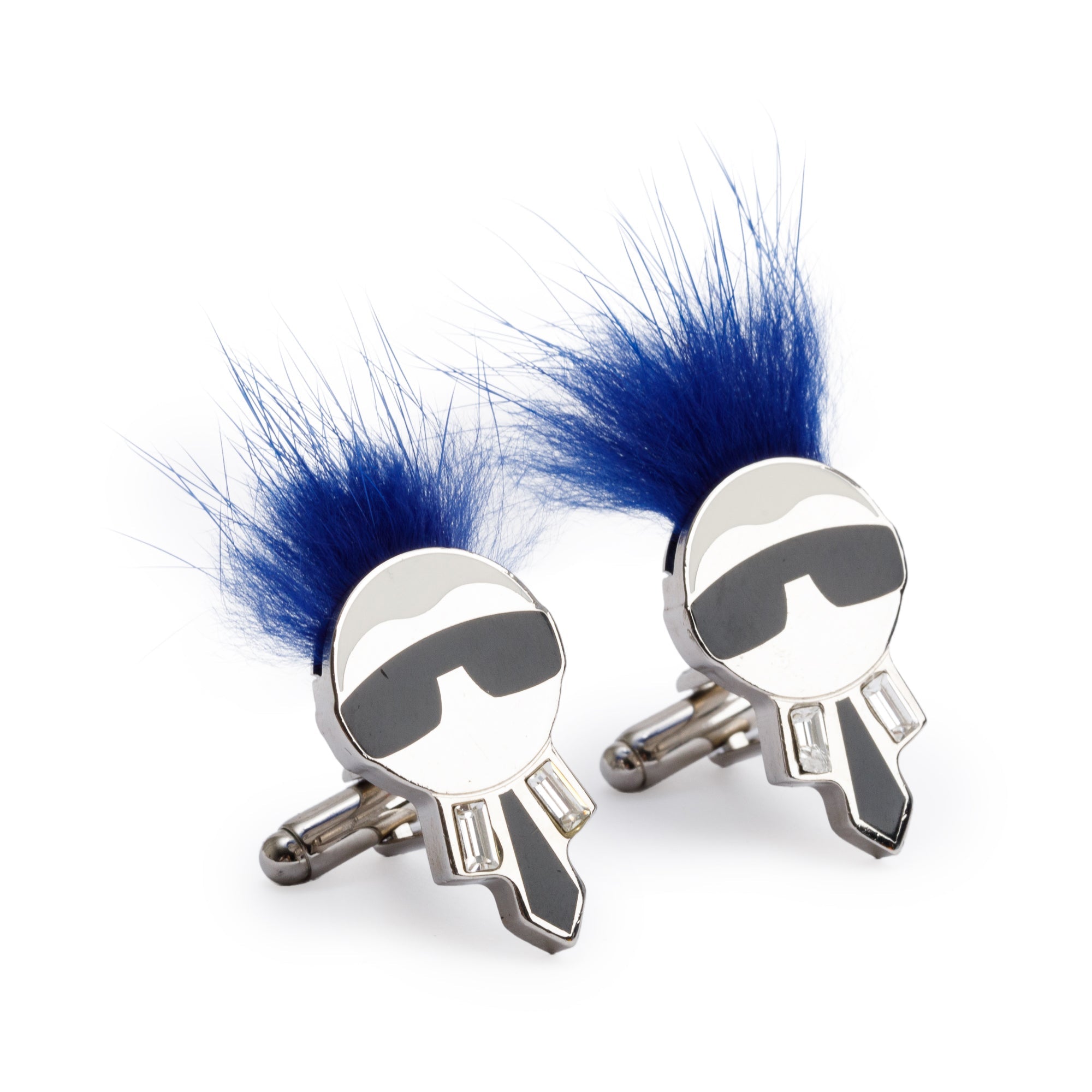 Fendi Silver Metal Blue Fox Fur Karlito Cufflinks w/ Box