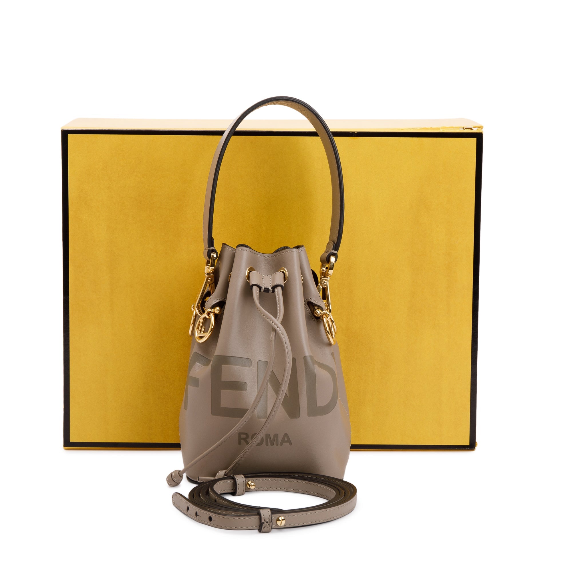 Fendi Taupe Calskin Leather Mini Mon Tresor Bucket Bag w/ Straps & Box