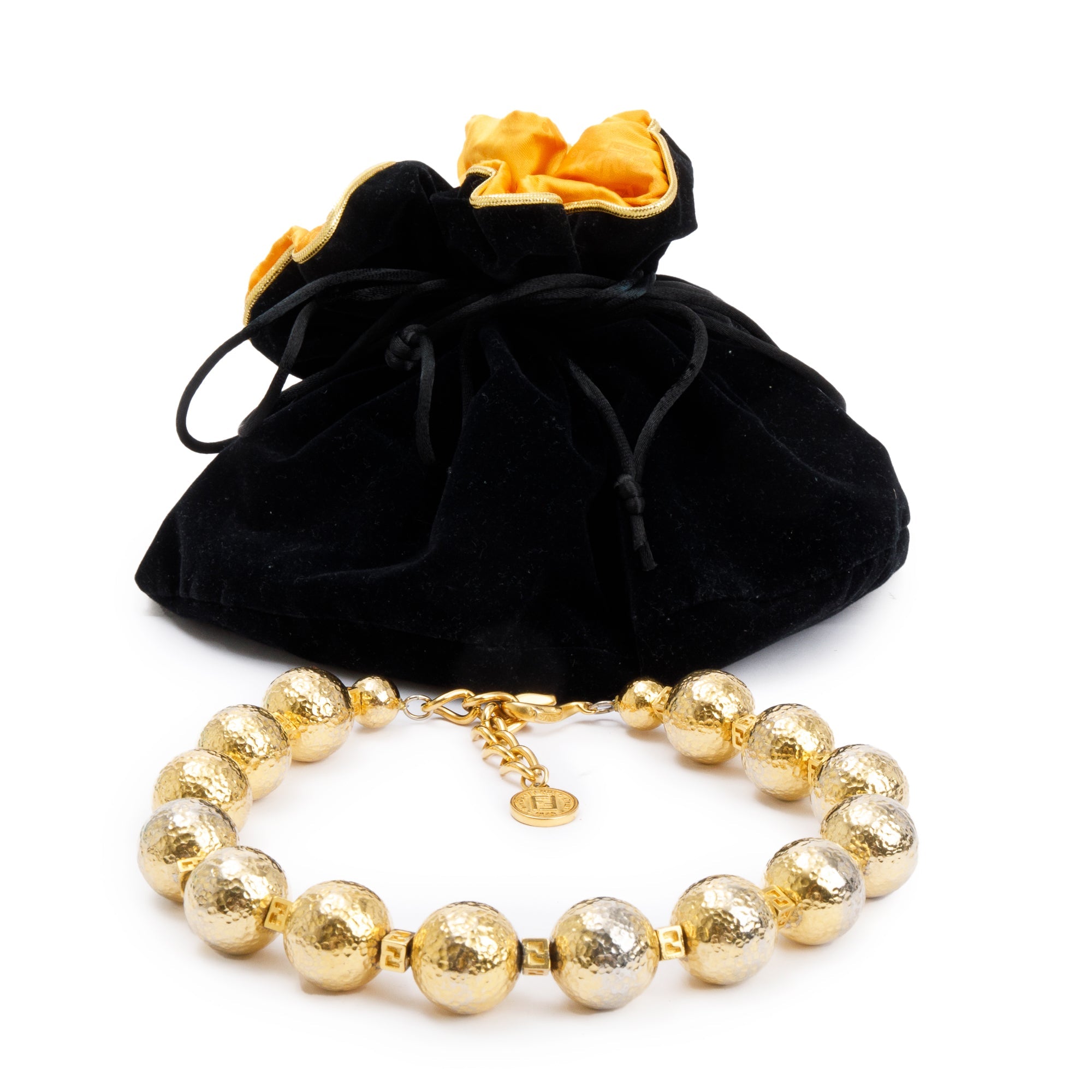 Fendi Vintage Gold-Plated Metal FF Logo Bead Collar Necklace