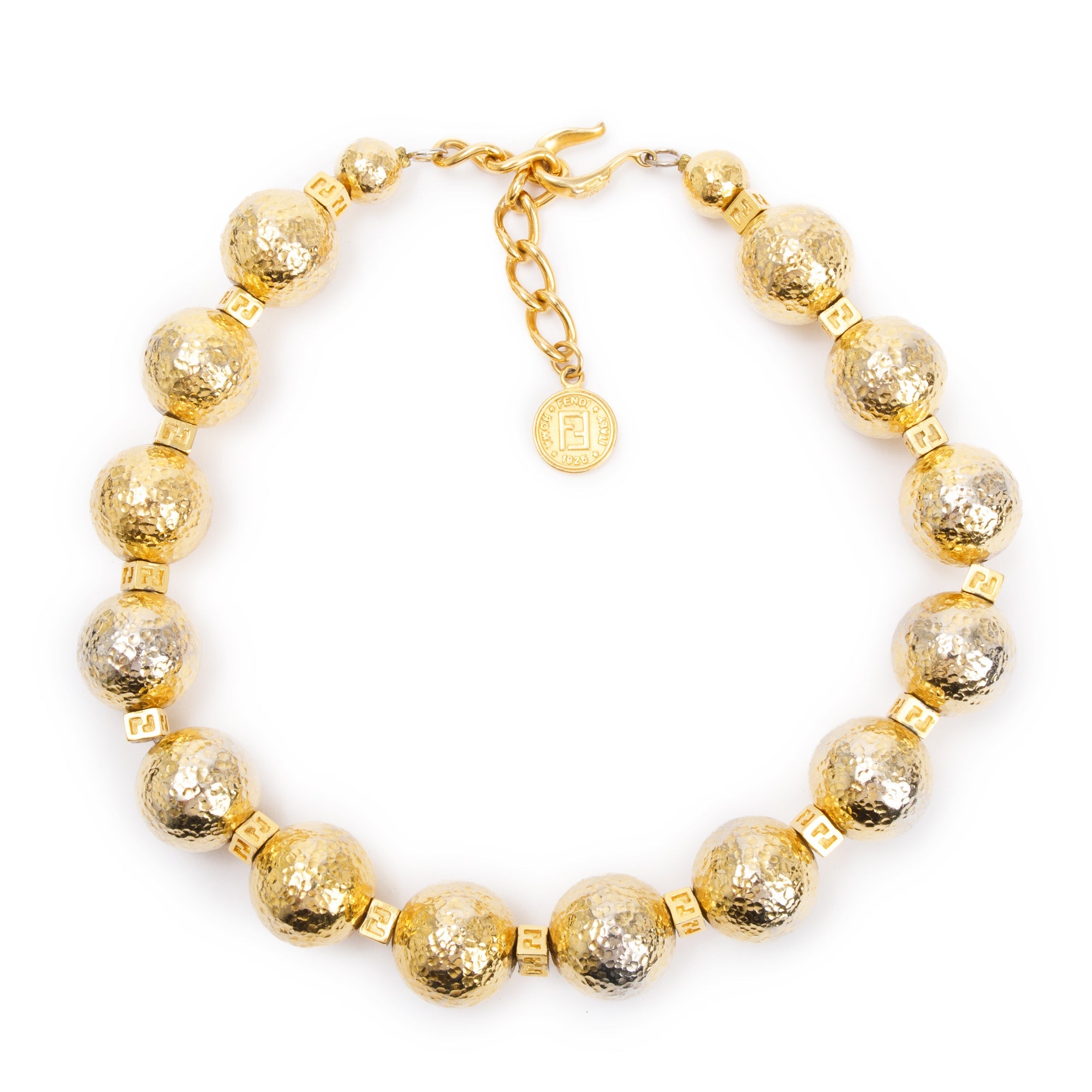 Fendi Vintage Gold-Plated Metal FF Logo Bead Collar Necklace