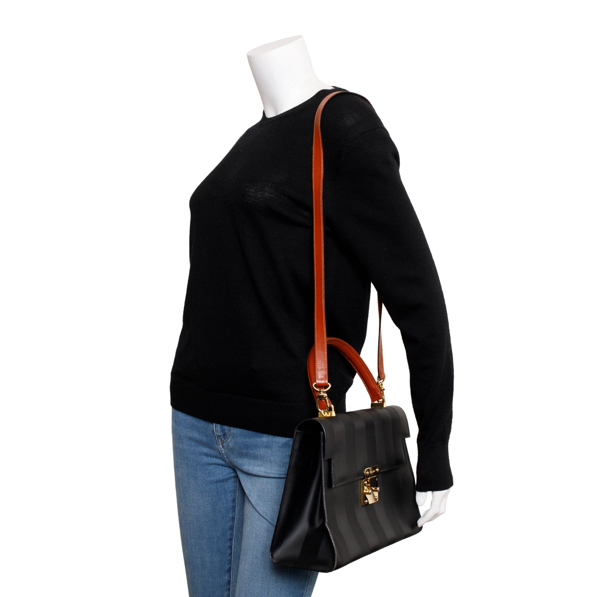 Fendi Vintage Navy Pequin Stripe Brown Leather Trimmed Handle Bag with Strap