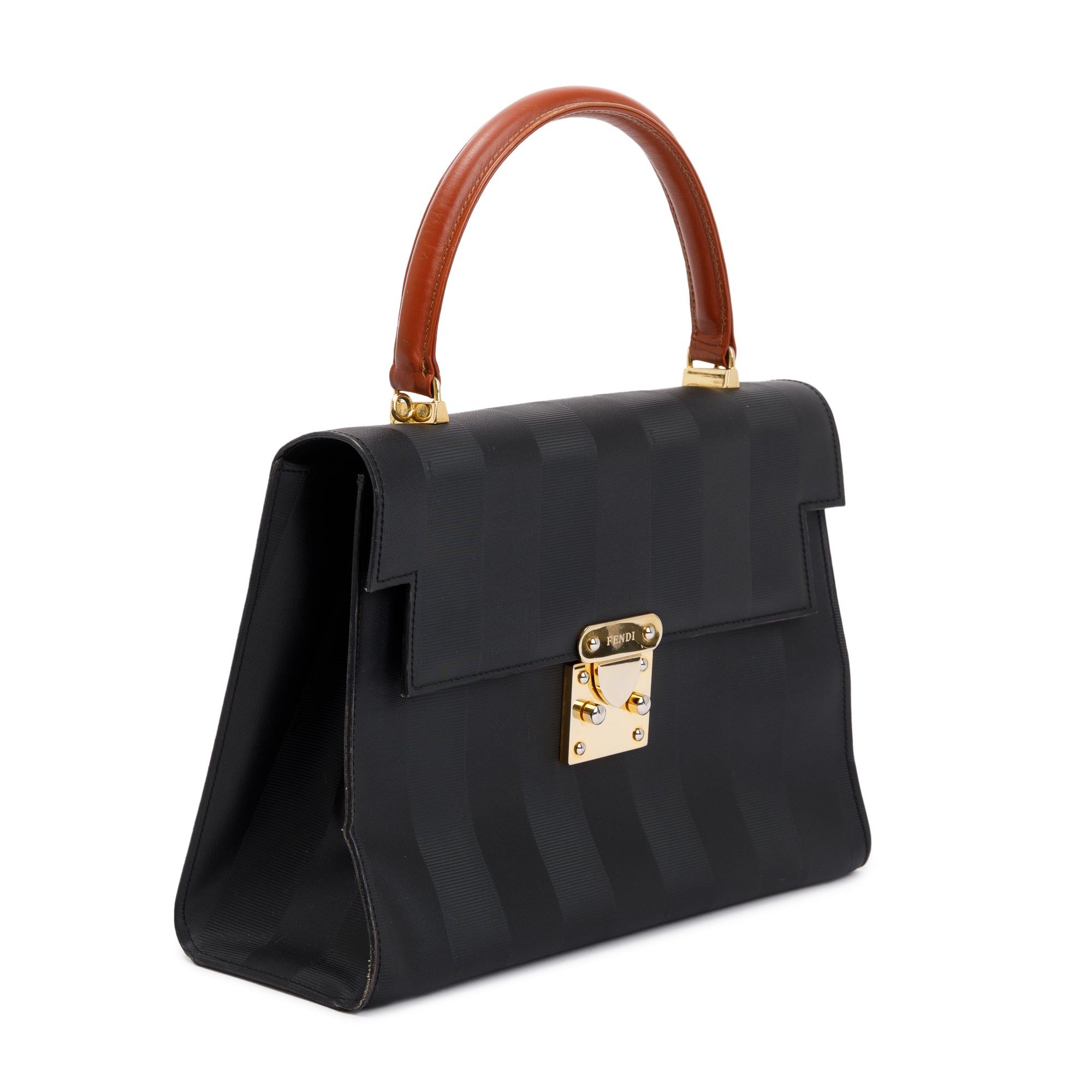 Fendi Vintage Navy Pequin Stripe Brown Leather Trimmed Handle Bag with Strap