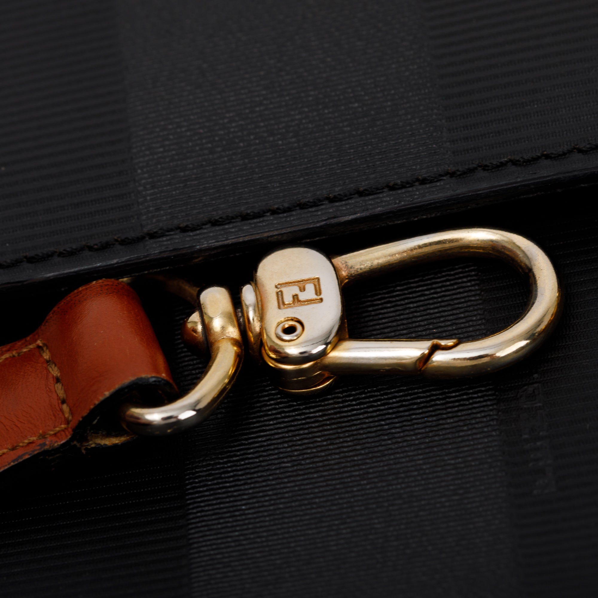 Fendi Vintage Navy Pequin Stripe Brown Leather Trimmed Handle Bag with Strap