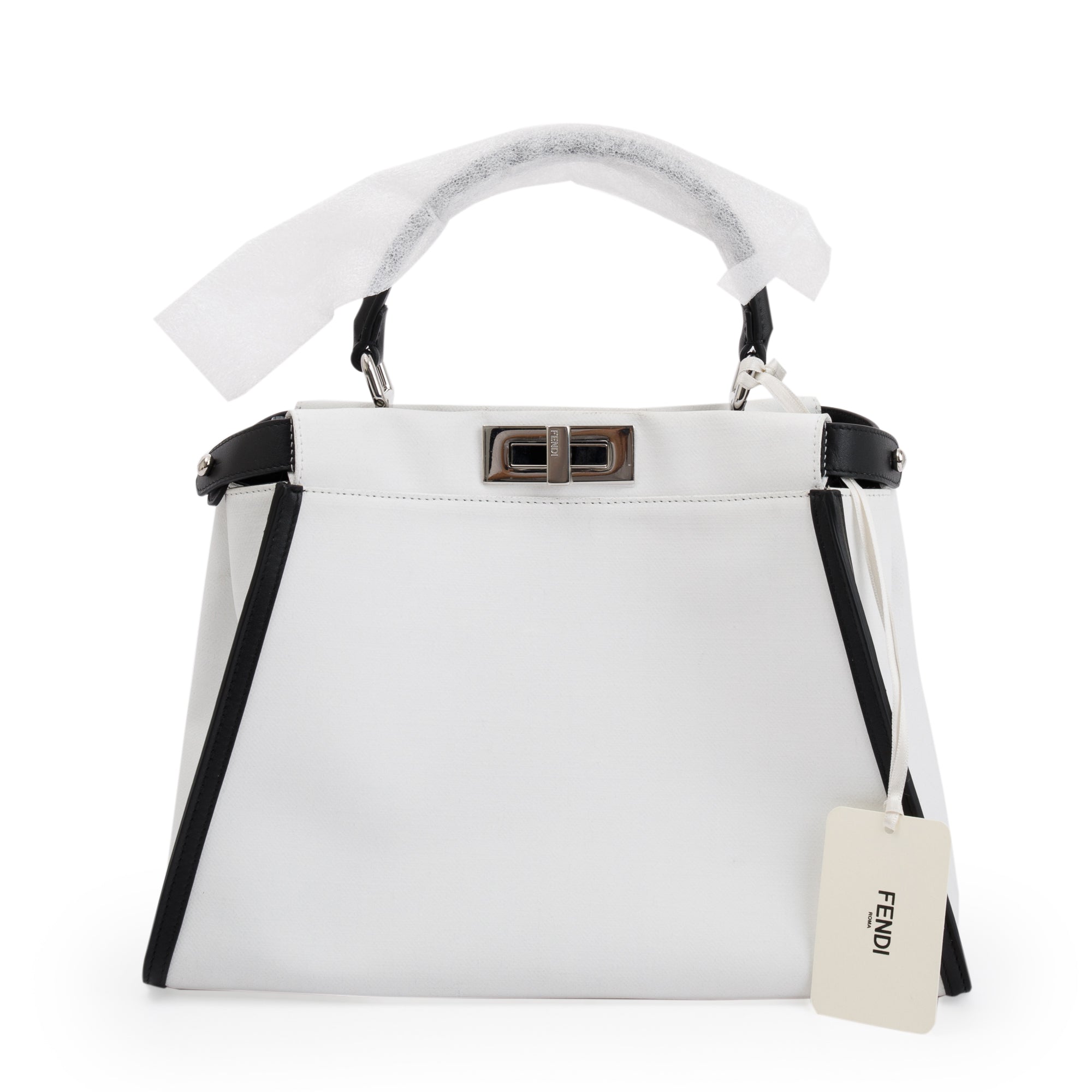 Fendi White & Black Canvas Calf Leather Medium Peekaboo Bag w/ Strap