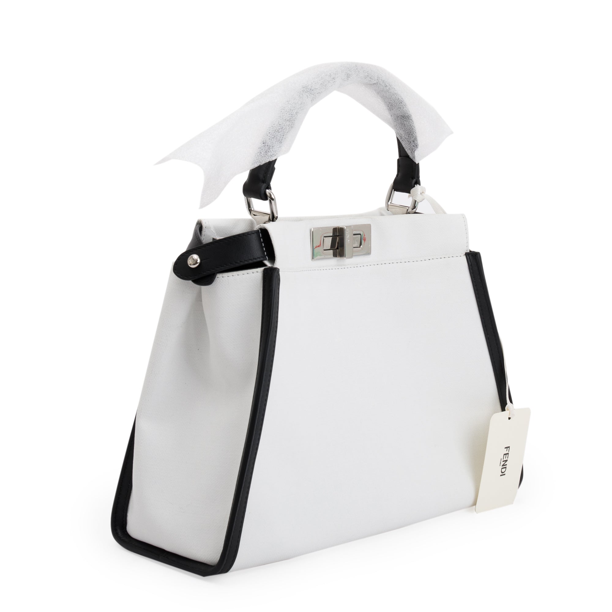 Fendi White & Black Canvas Calf Leather Medium Peekaboo Bag w/ Strap