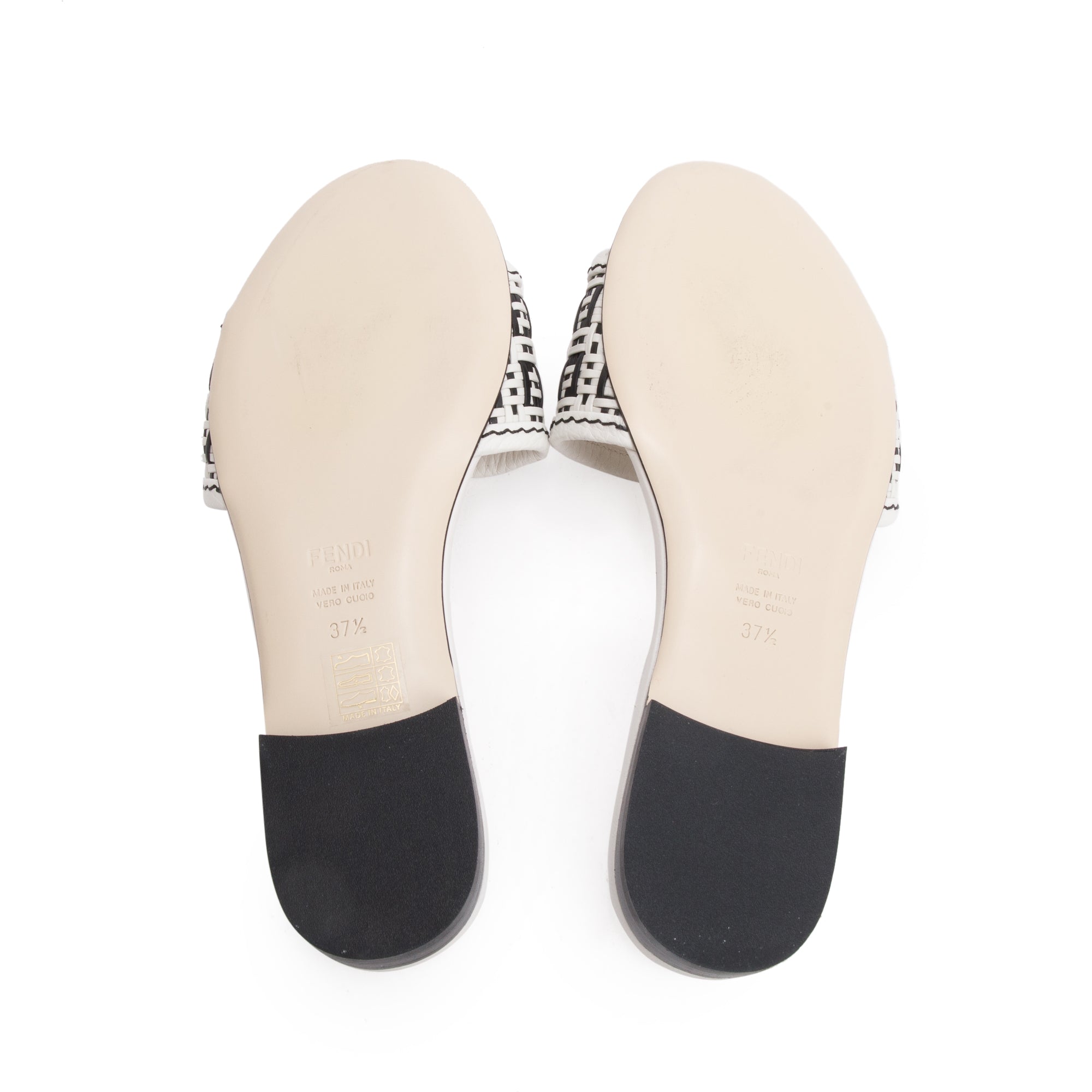 Fendi White Calskin Leather Interlaced FF Woven Mule Sandals, Size 37.5 w/ Box