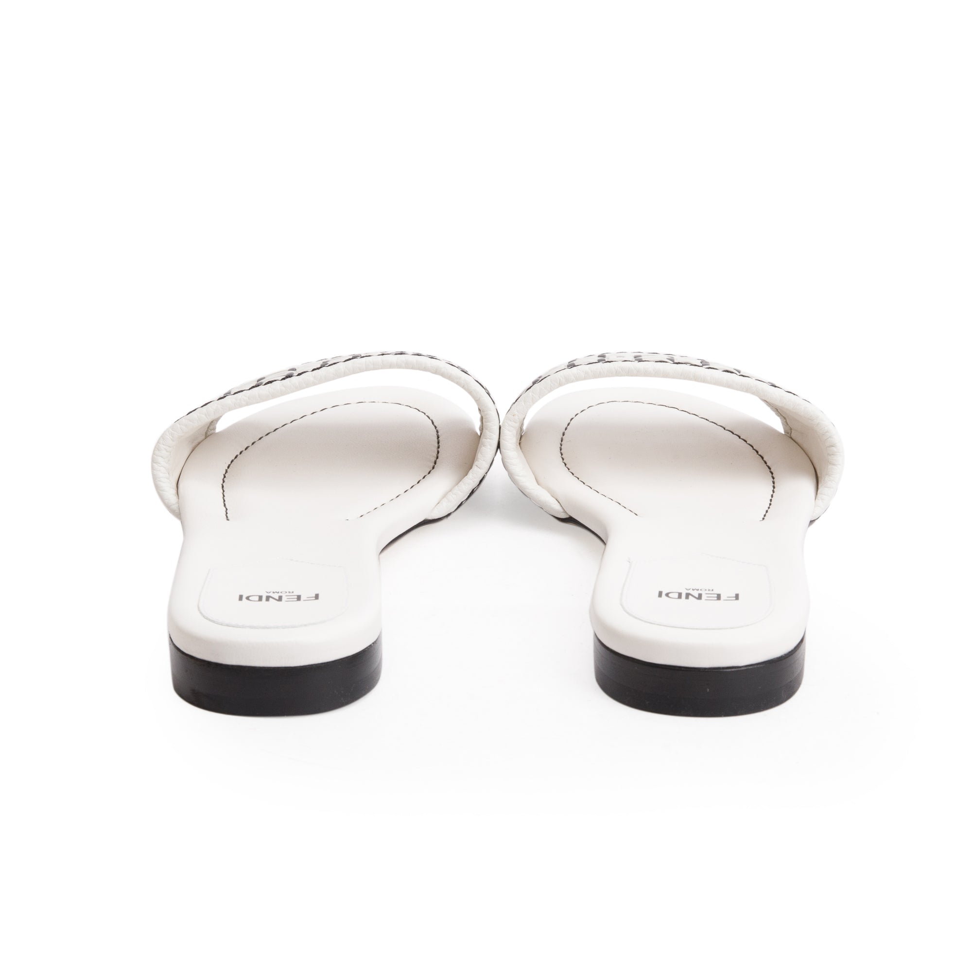 Fendi White Calskin Leather Interlaced FF Woven Mule Sandals, Size 37.5 w/ Box