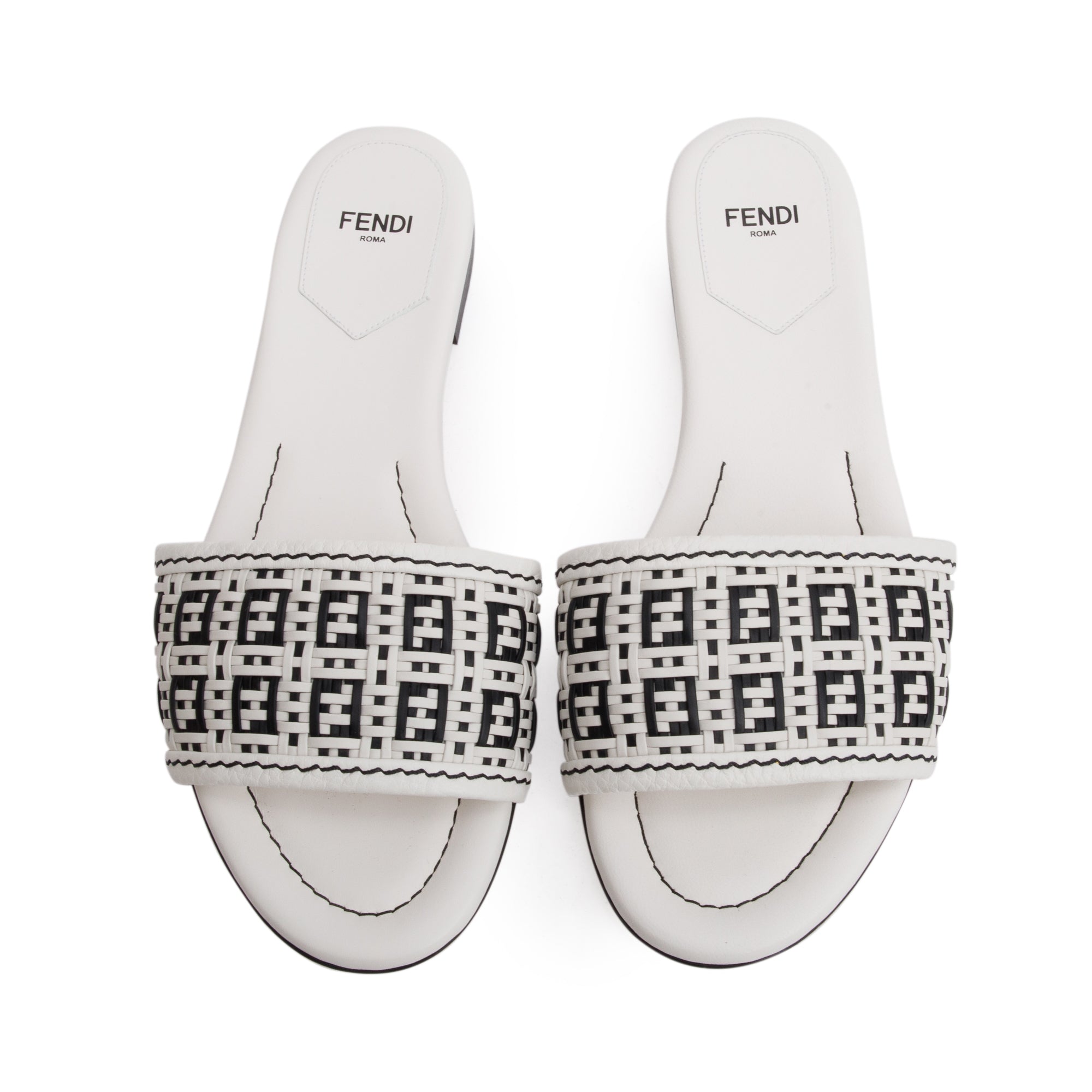 Fendi White Calskin Leather Interlaced FF Woven Mule Sandals, Size 37.5 w/ Box