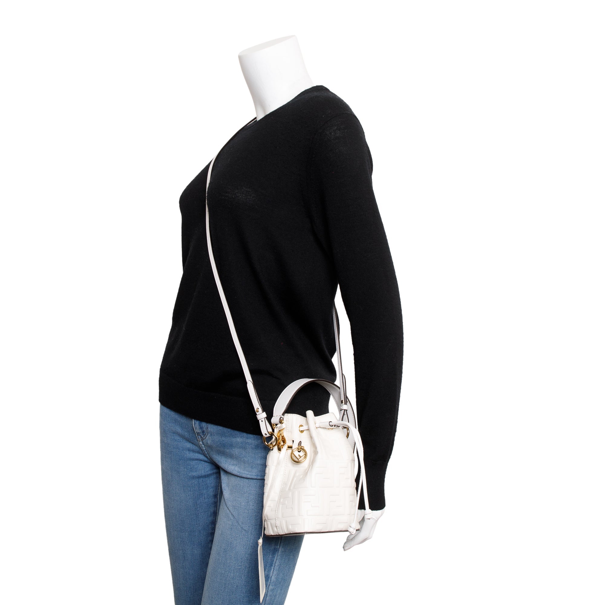 Fendi White FF Embossed Calfskin Leather Mini Mon Tresor Bucket Bag w/ Strap