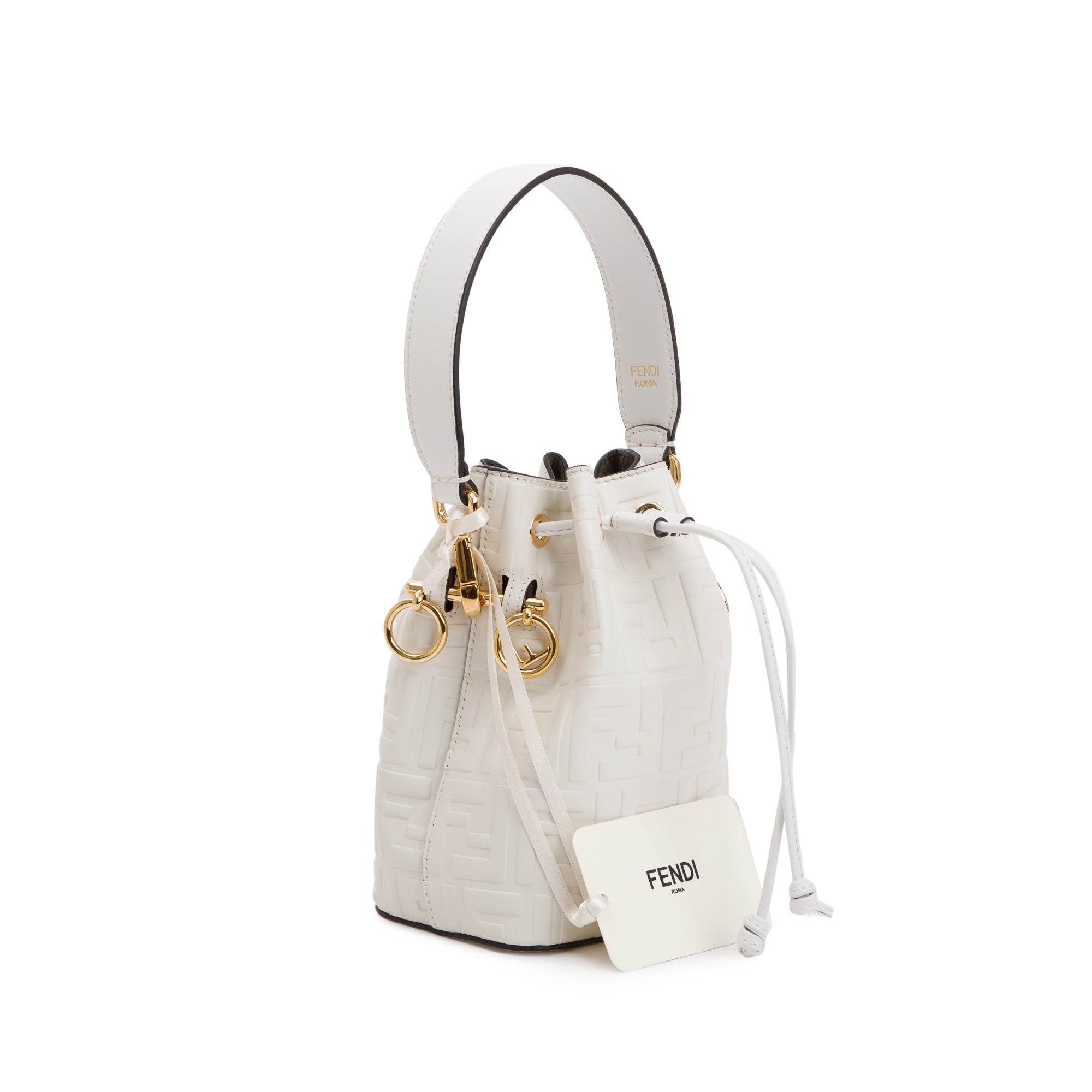 Fendi White FF Embossed Calfskin Leather Mini Mon Tresor Bucket Bag w/ Strap