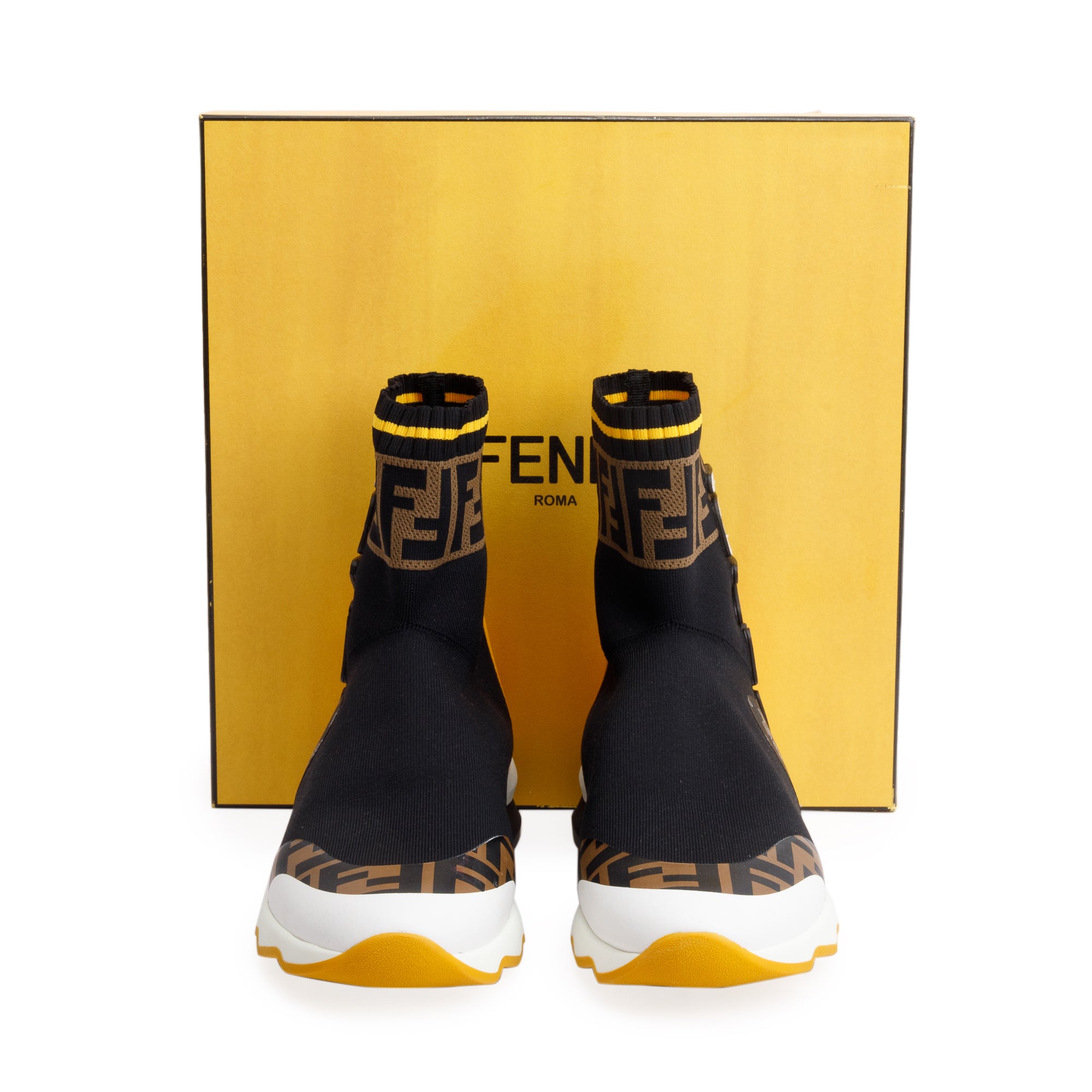 Fendi X Fila Black Multicolor Stretch Knit Calfskin Mania Sock Sneakers, Size 39 w/ Box & Receipt