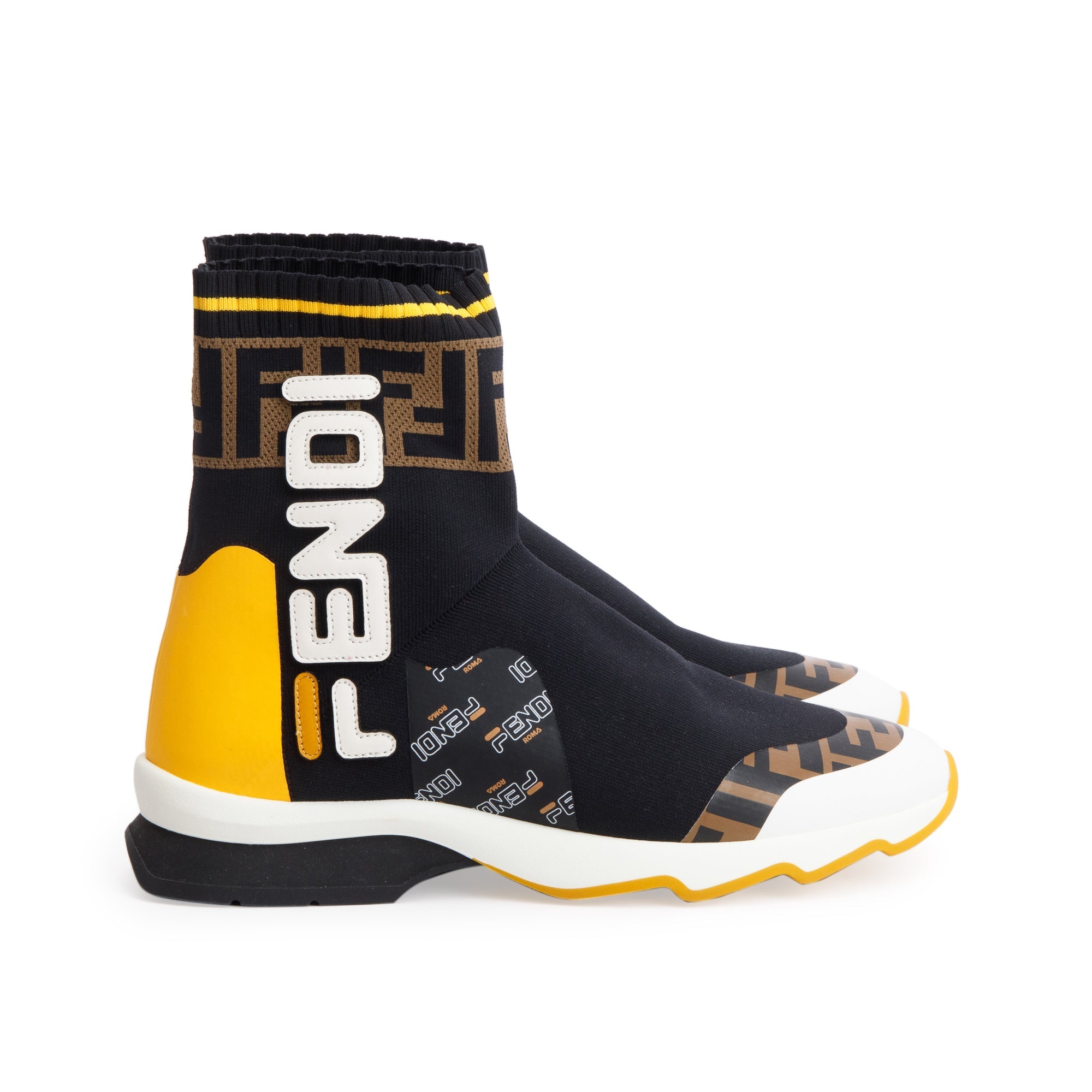 Fendi X Fila Black Multicolor Stretch Knit Calfskin Mania Sock Sneakers, Size 39 w/ Box & Receipt