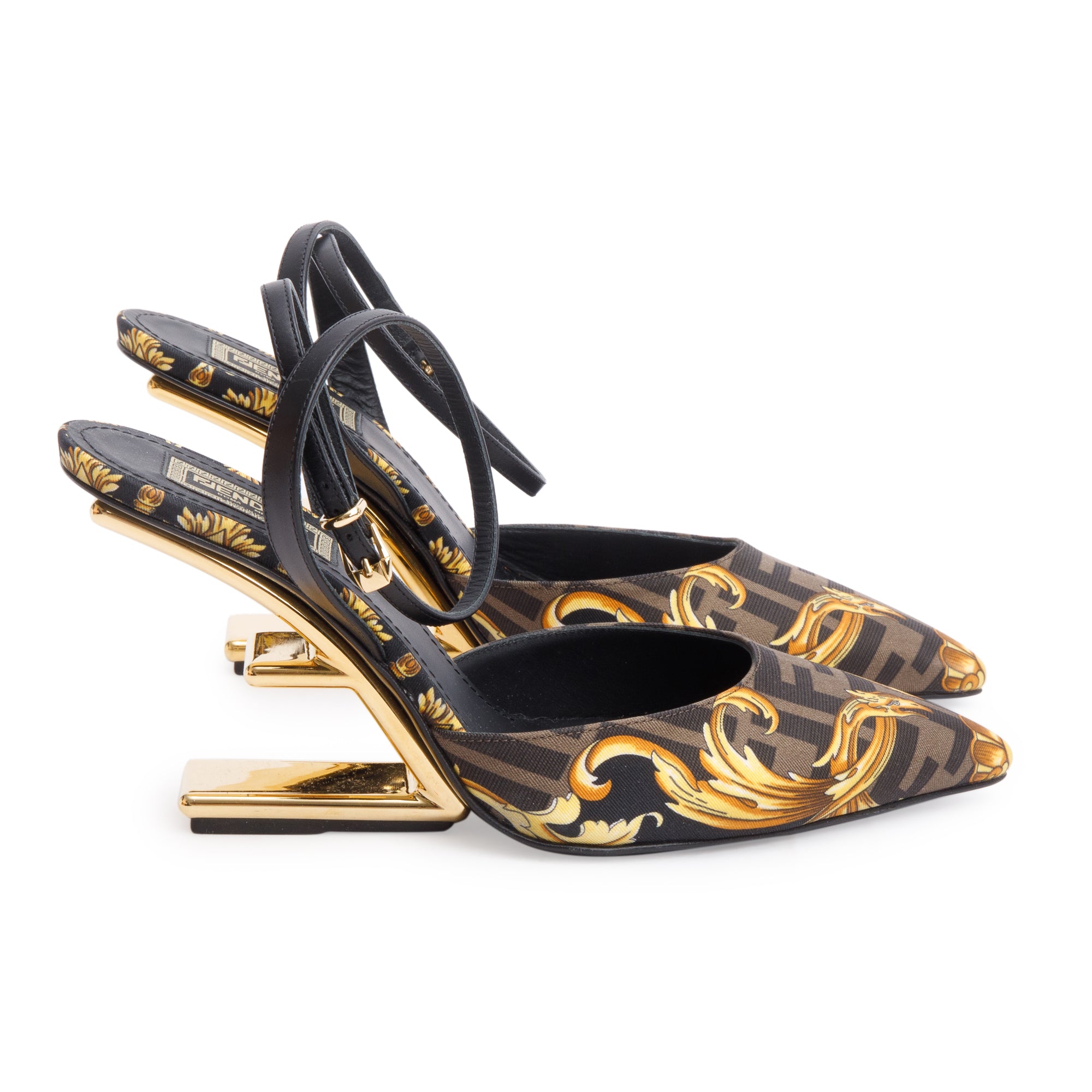 Fendi X Versace Brown Printed Canvas Fendace Slingback Pumps, Size 38 w/ Box