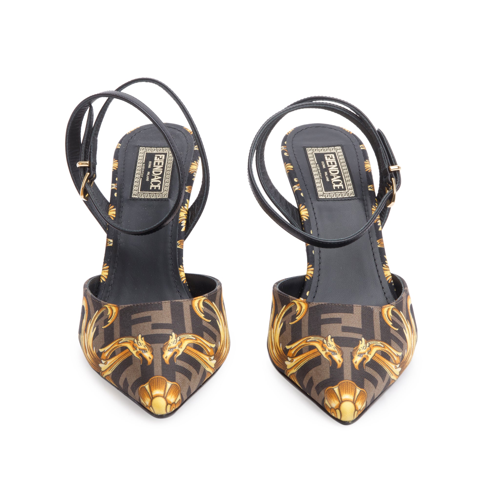 Fendi X Versace Brown Printed Canvas Fendace Slingback Pumps, Size 38 w/ Box