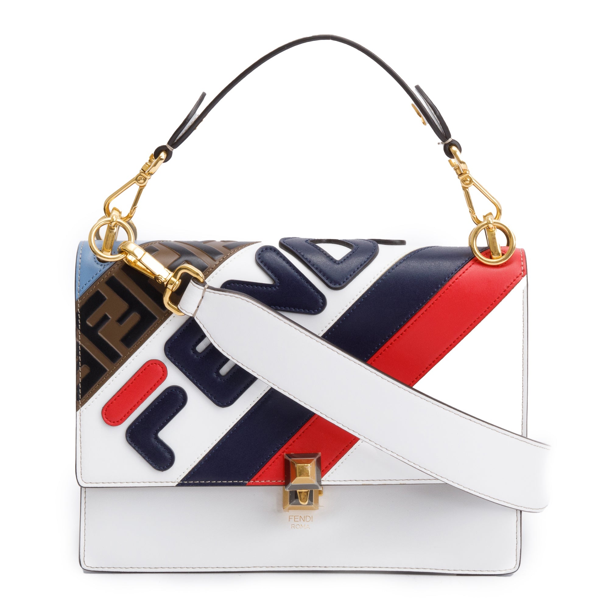 Fendi x Fila White Multicolor Calfskin Leather Logo Mania Kan I Shoulder Bag w/ Strap